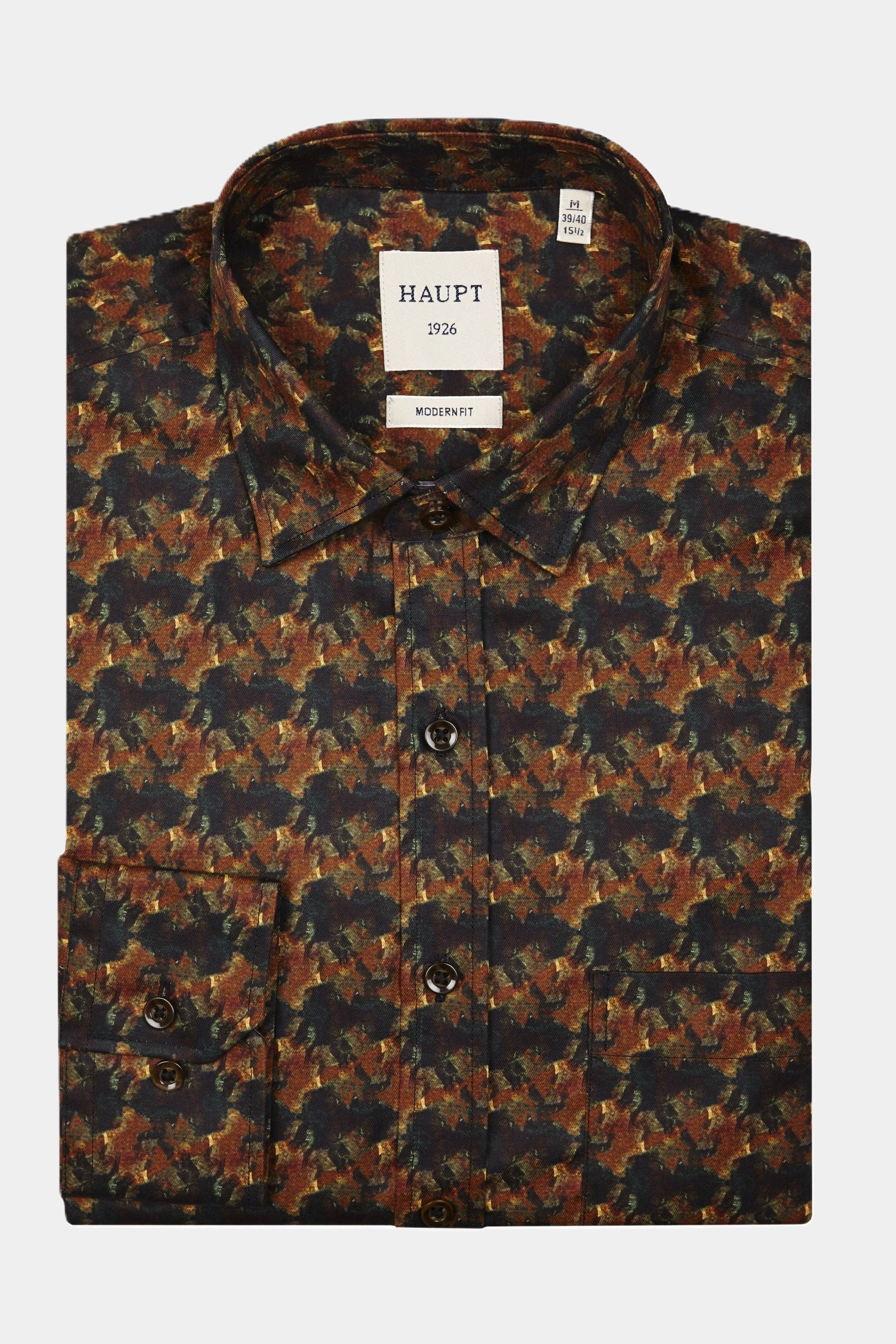 Hoofd Popeline Modern Fit Herenoverhemd met lange mouwen en all-over abstract herfstpatroon in bruin
