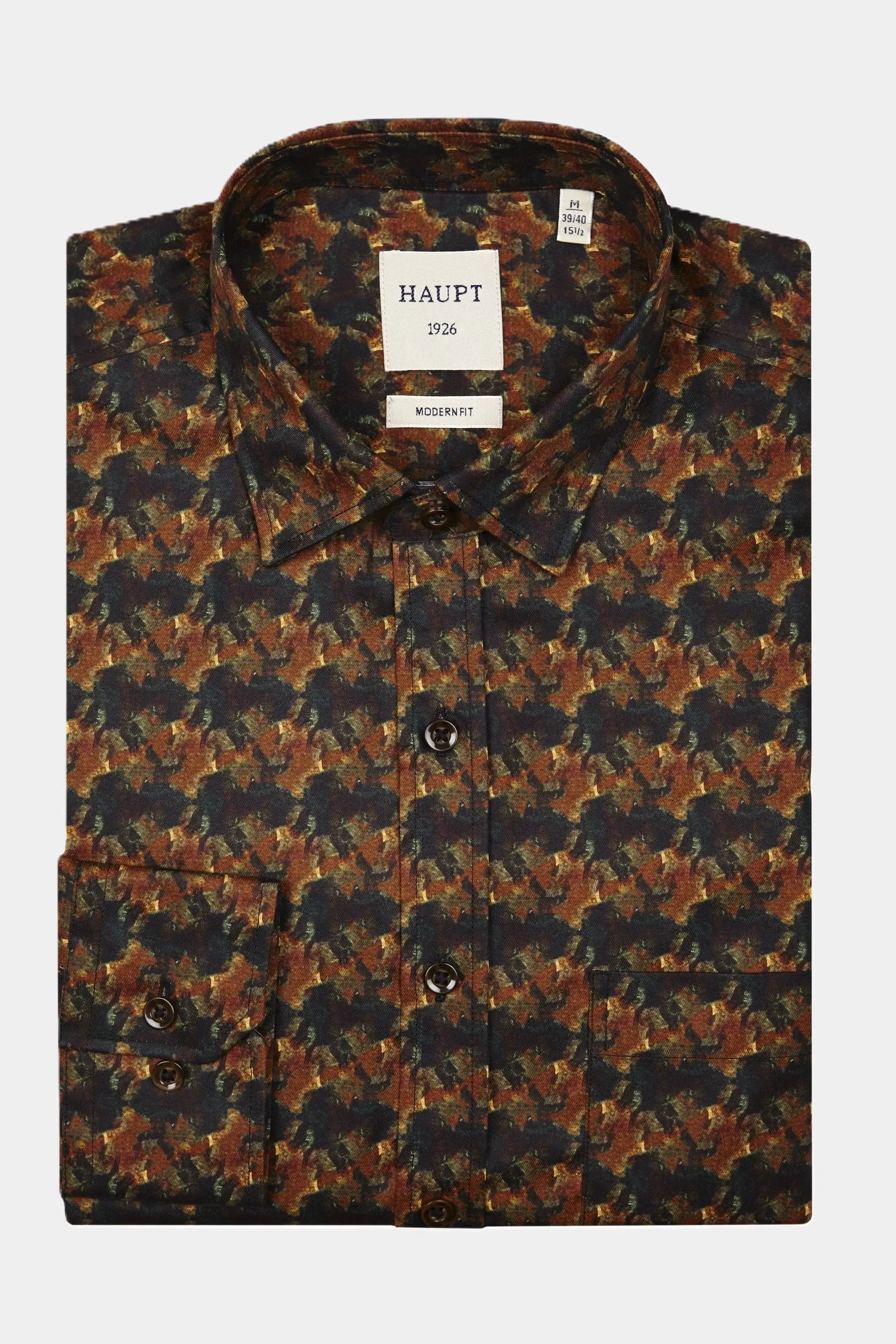 Haupt Popelin Modern Fit Langarm Herrenhemd mit Allover abstraktem Herbst Muster in Brown Haupt