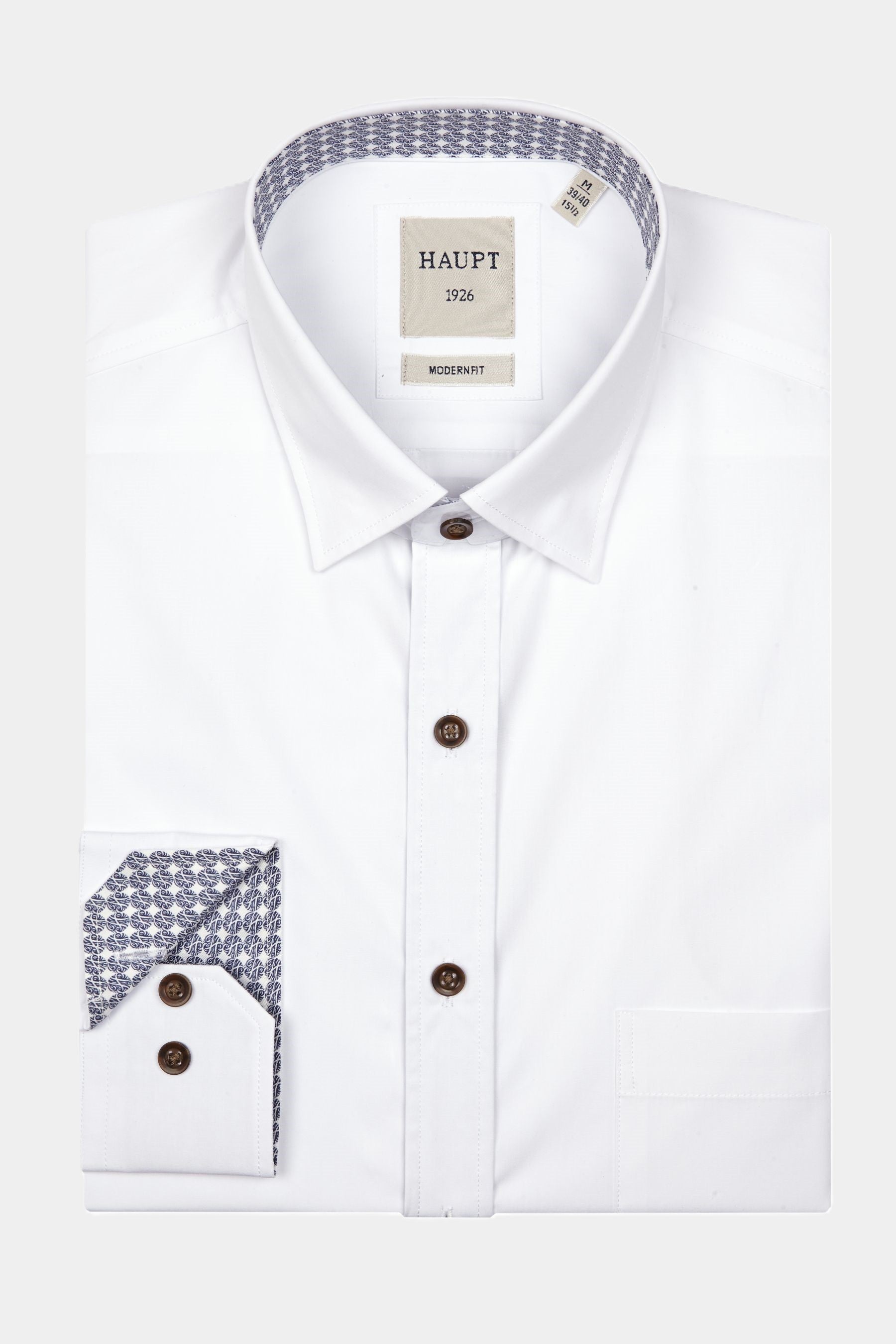 Haupt Popelin Modern Fit Langarm Herrenhemd in White mit Kontrast Print in True Blue