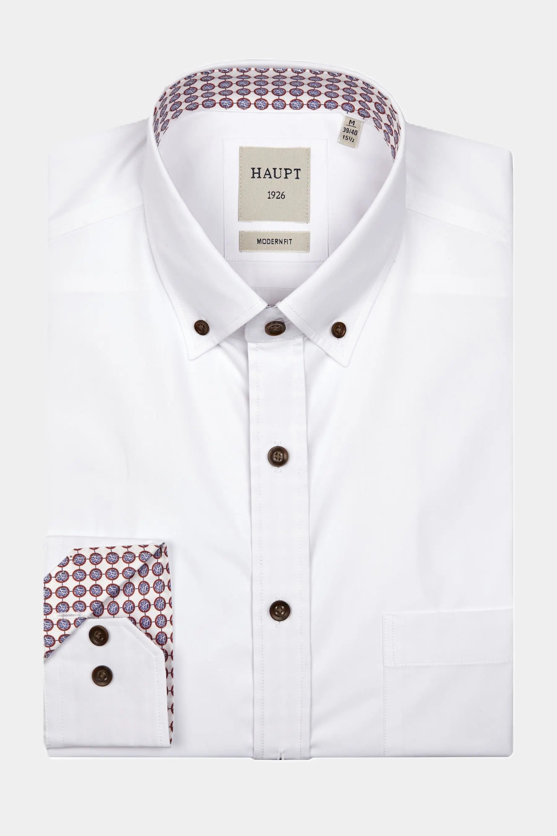 Haupt Modern Fit Langarm Herrenhemd in White und Kontrast Print Haupt