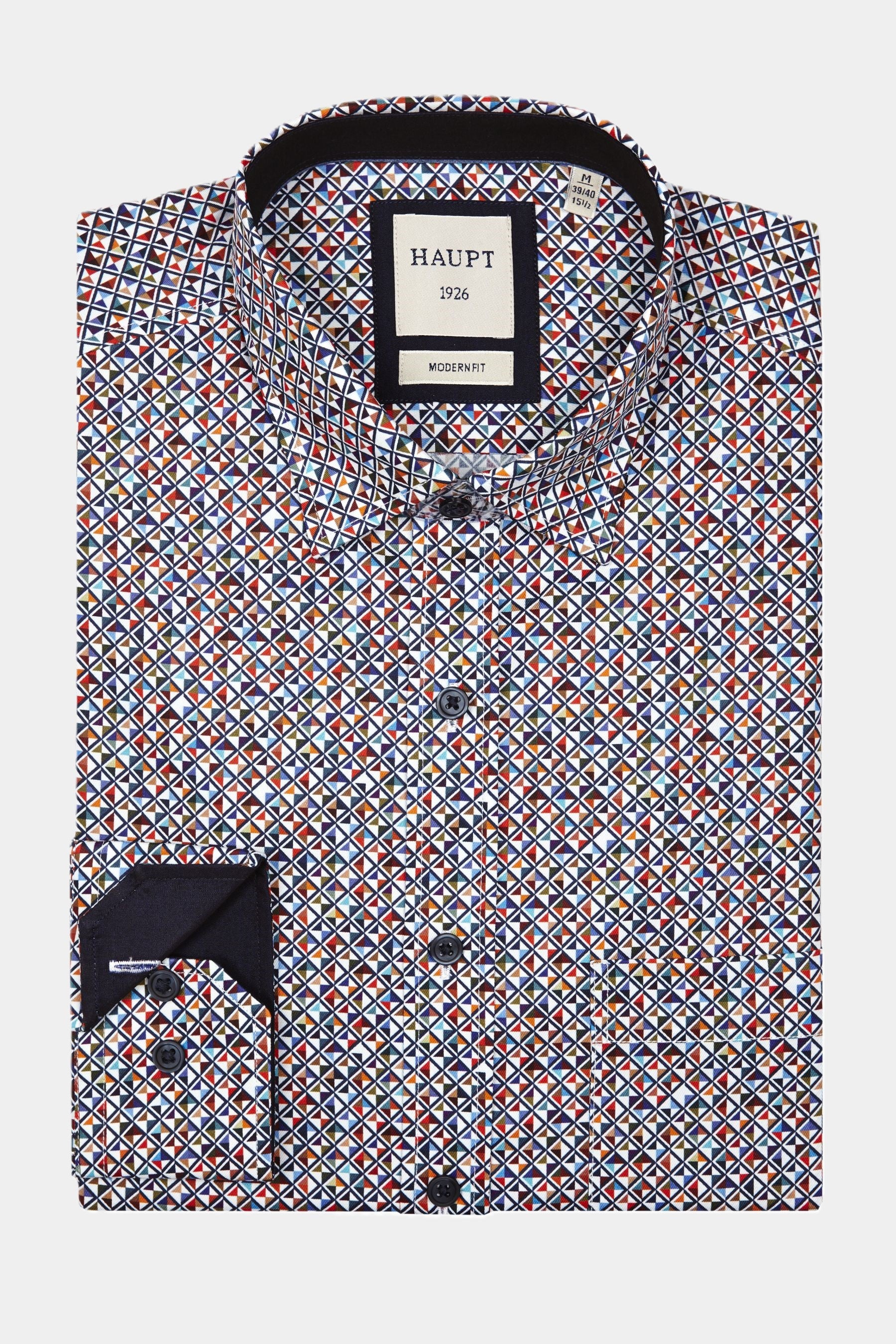 Hoofdzakelijk katoen-jersey Modern Fit herenoverhemd met lange mouwen en kleurrijk geometrisch all-over patroon