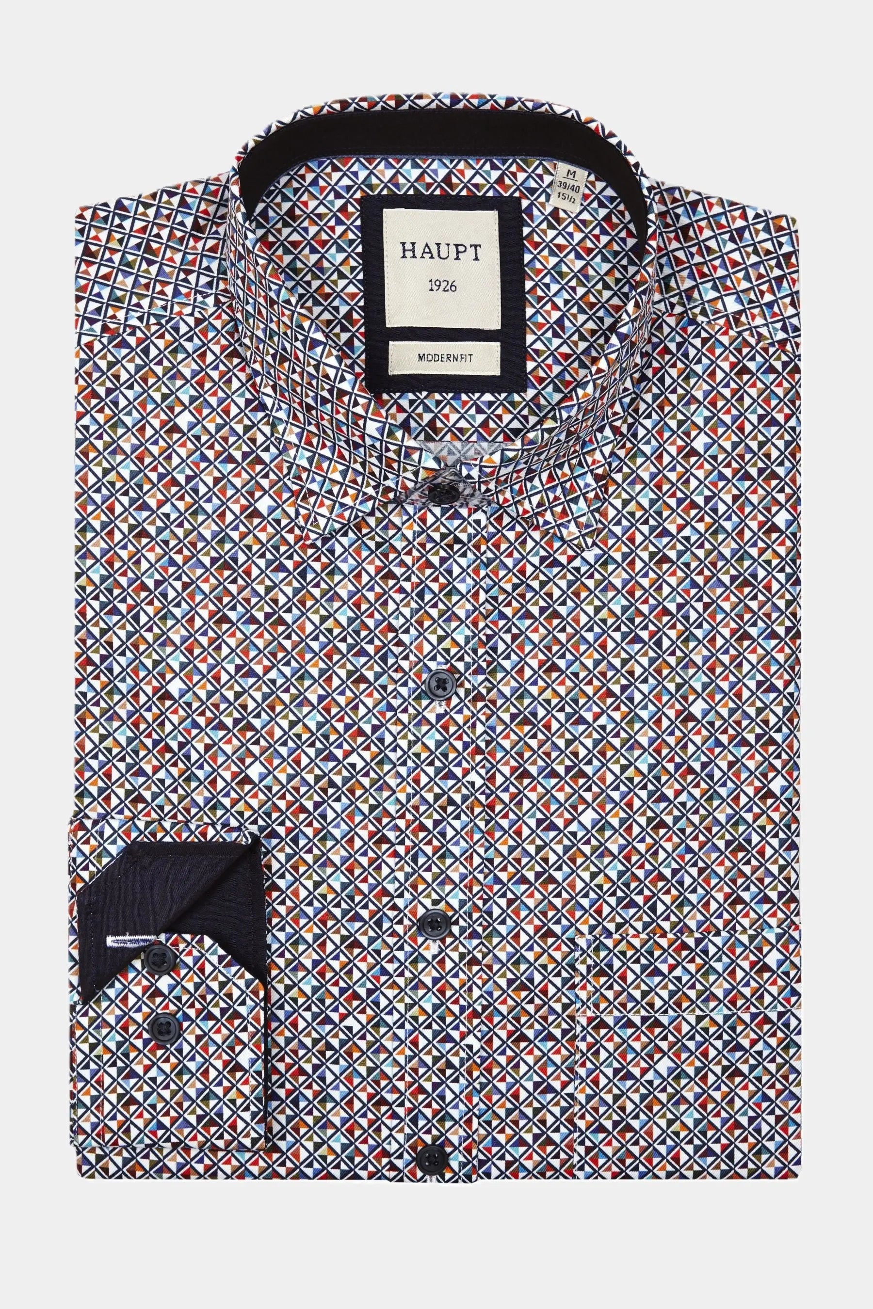 Haupt Baumwolle-Jersey Modern Fit Langarm Herrenhemd mit Buntem Geometrischem Allover-Muster Haupt