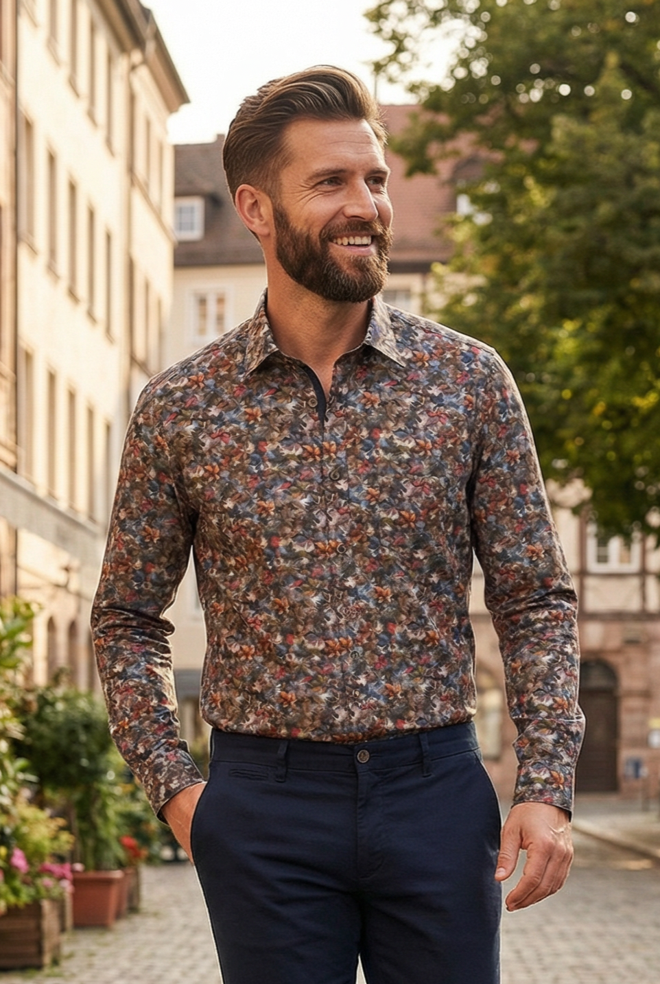 Camisa de hombre de algodón de manga larga, ajuste moderno, estampado natural, estilo multicolor primaveral