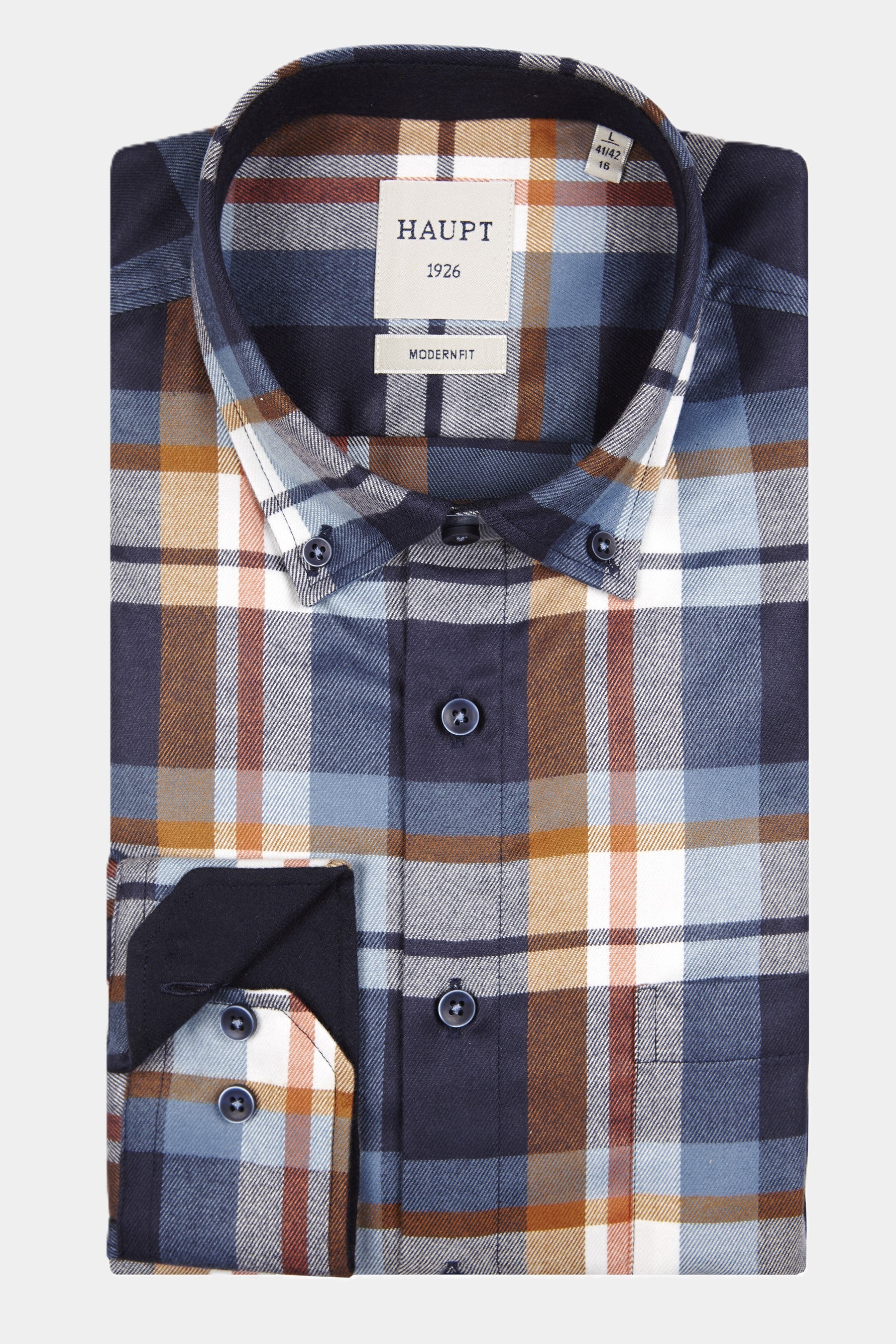 Hoofd Flanel Modern Fit Lange Mouw Herenoverhemd met Geruit Navy / Zand Patroon