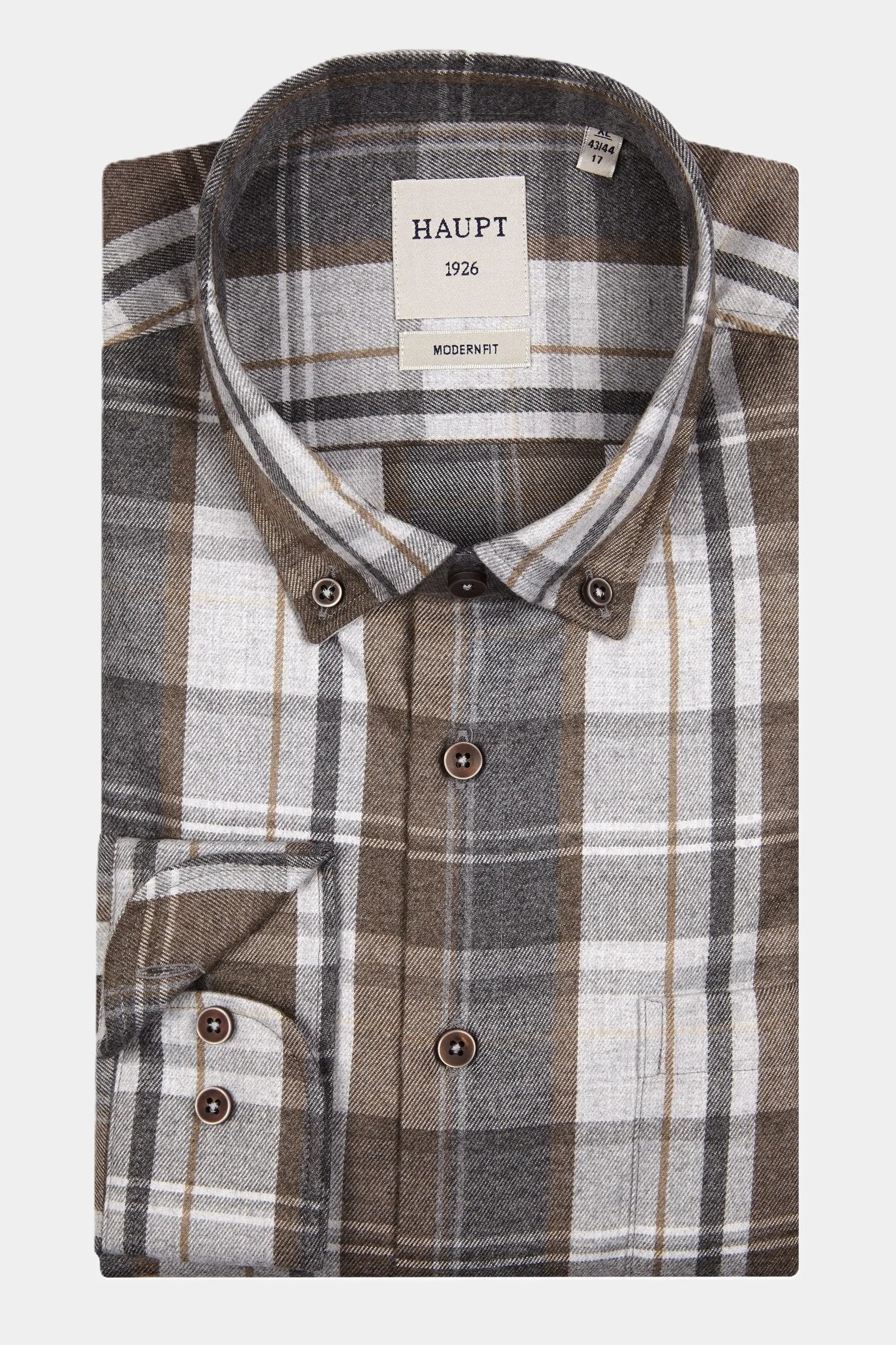 Haupt Flanell Modern Fit Langarm Herrenhemd mit kariertem Muster in Brown Haupt