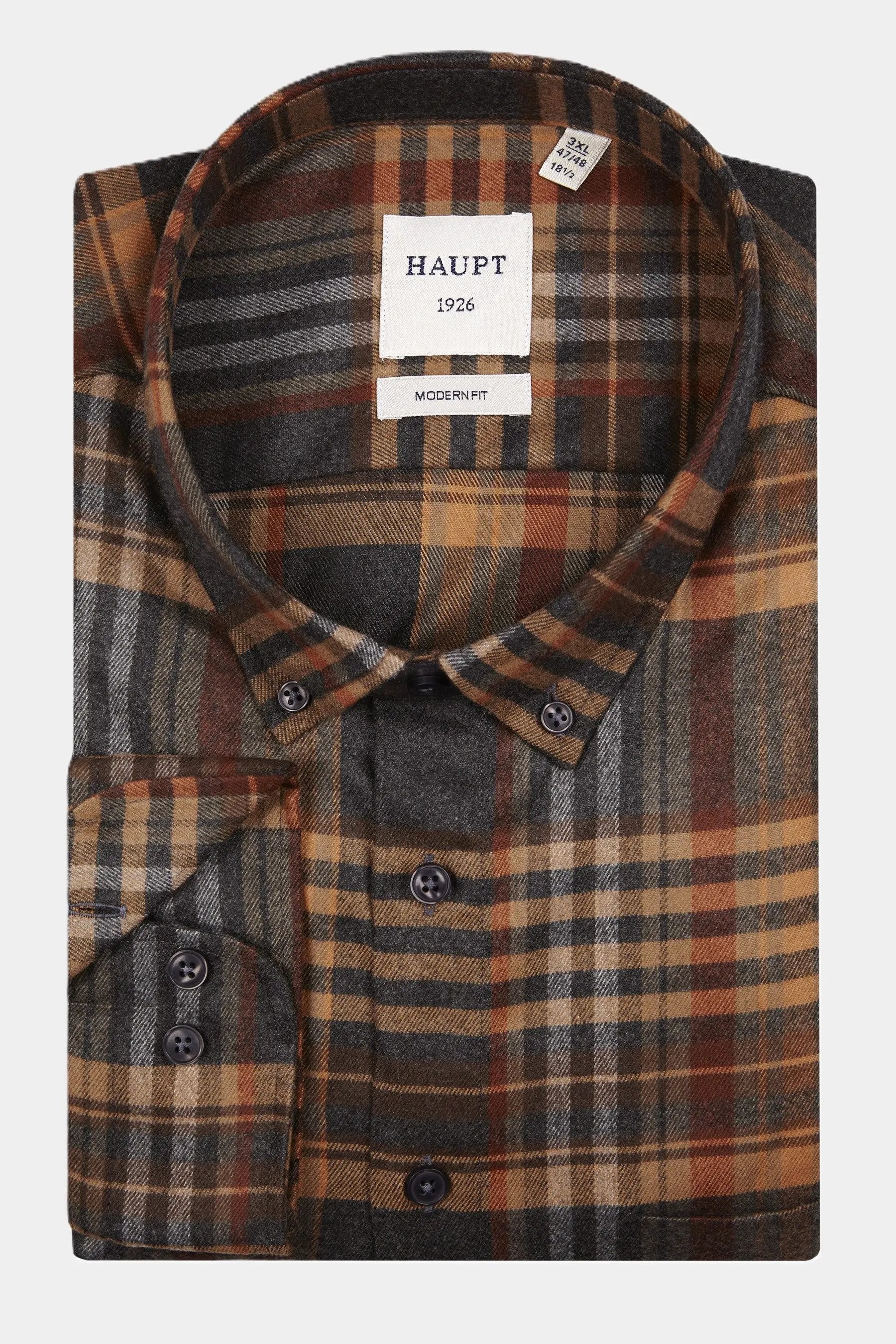 Haupt Flanell Modern Fit Langarm Herrenhemd mit kariertem Muster in Brown Haupt