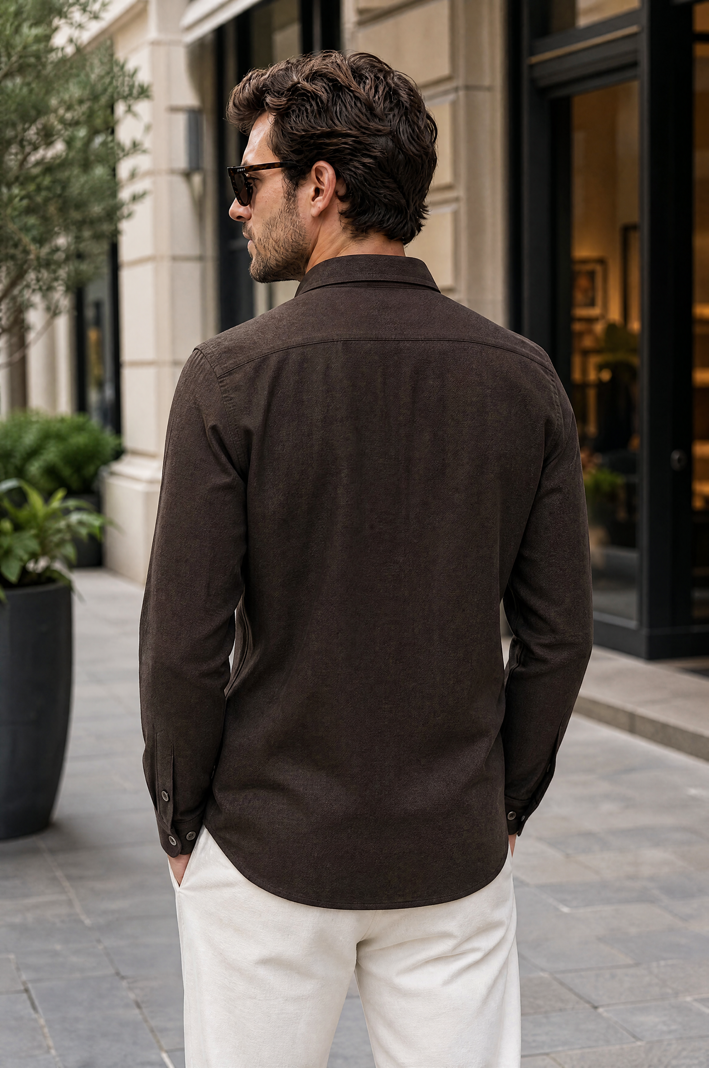 Hoofd Flanel Modern Fit Lange Mouw Herenoverhemd Uni in Donkerbruin