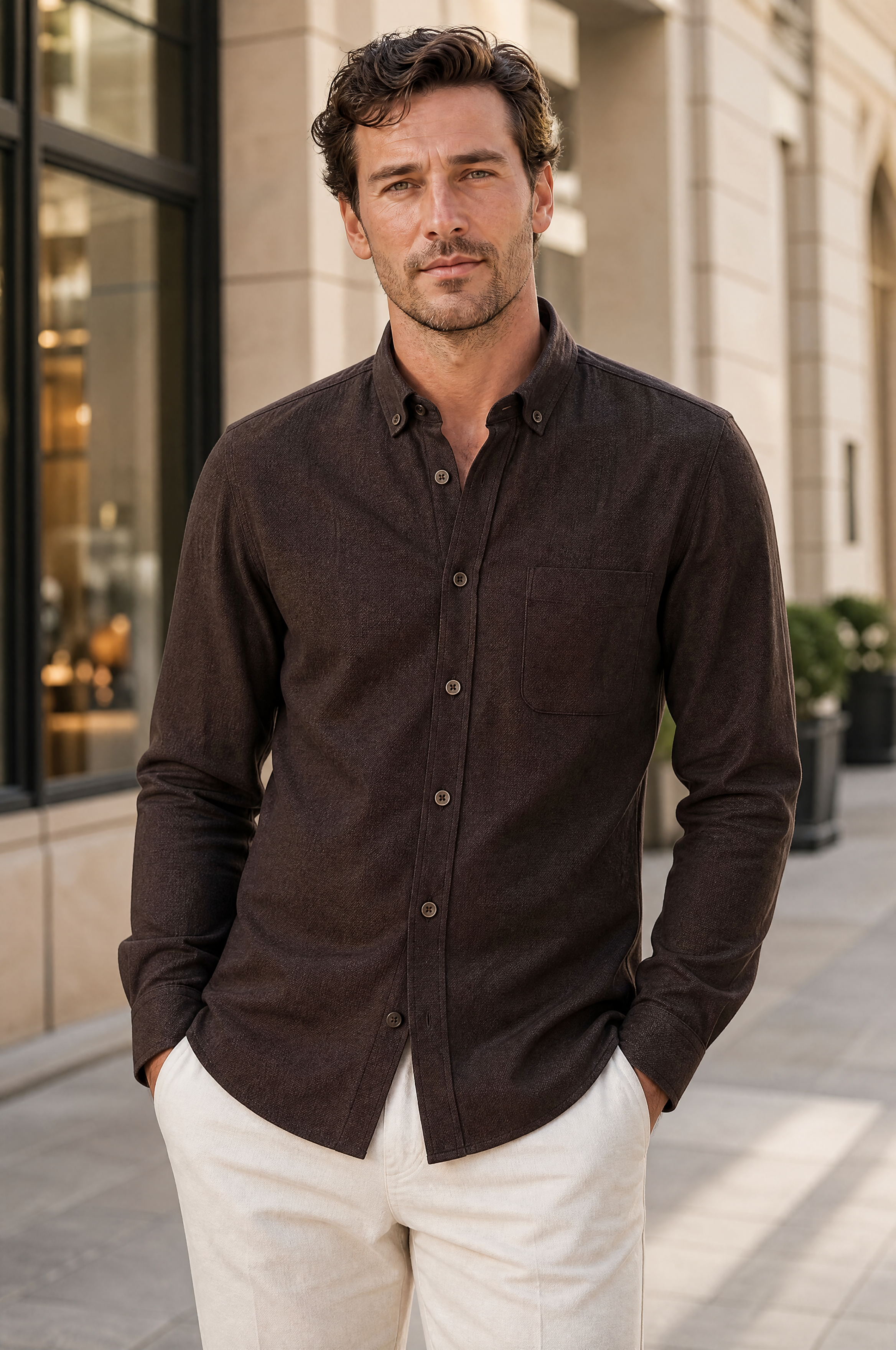 Flanell Herrenhemd Langarm Modern Fit Braun ideal Frühling Stil