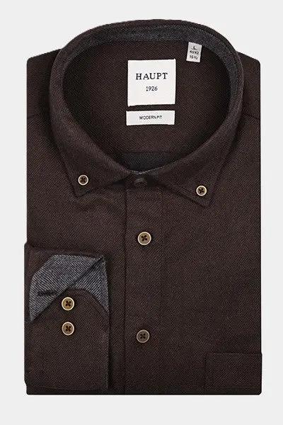 Haupt Flanell Modern Fit Langarm Herrenhemd Uni in Dark Brown Haupt