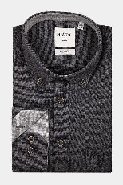 Haupt Flanell Modern Fit Langarm Herrenhemd in Uni Dark Grey Haupt