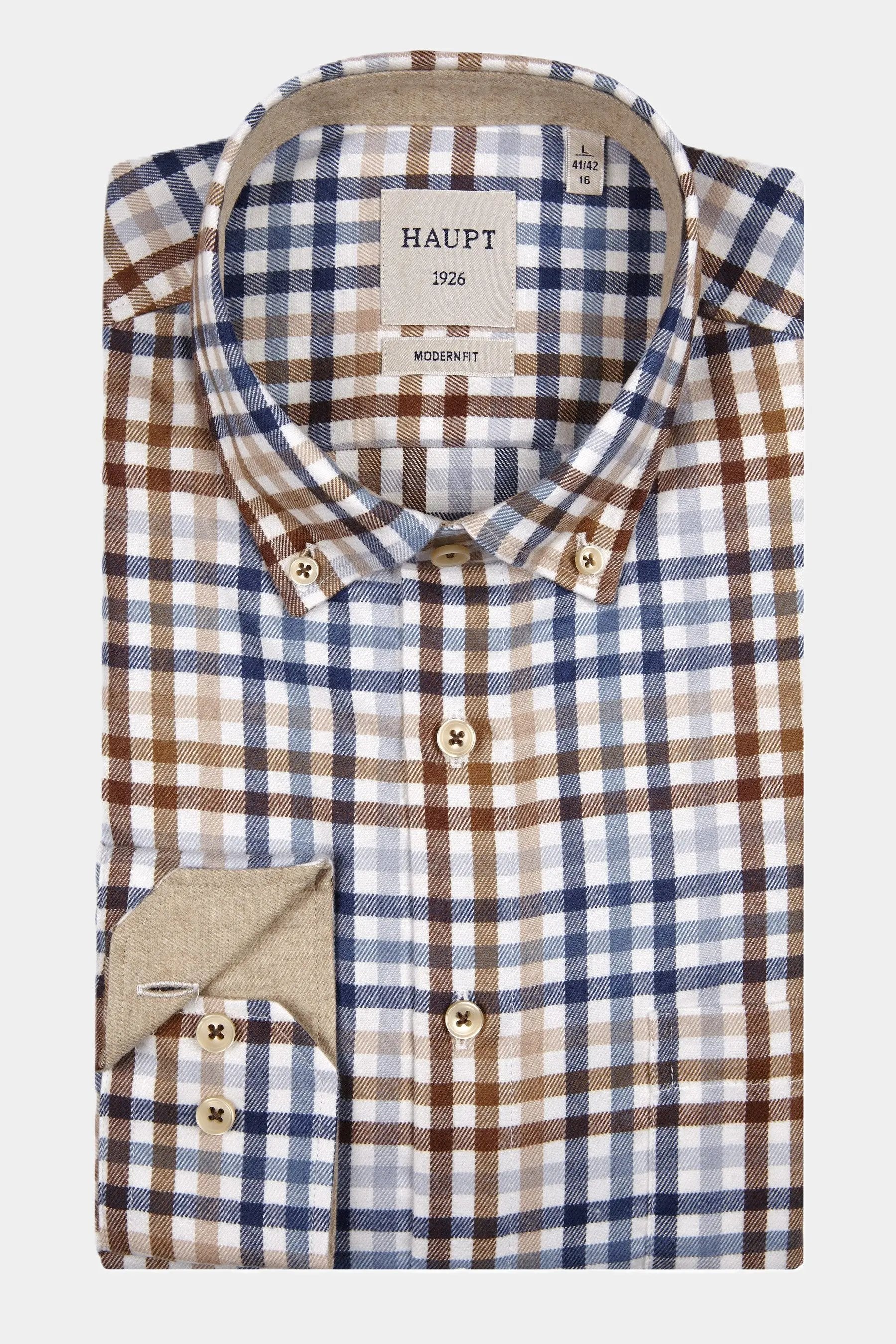 Haupt Flanell Modern Fit Langarm Herrenhemd in kariertem Muster True Blue Haupt