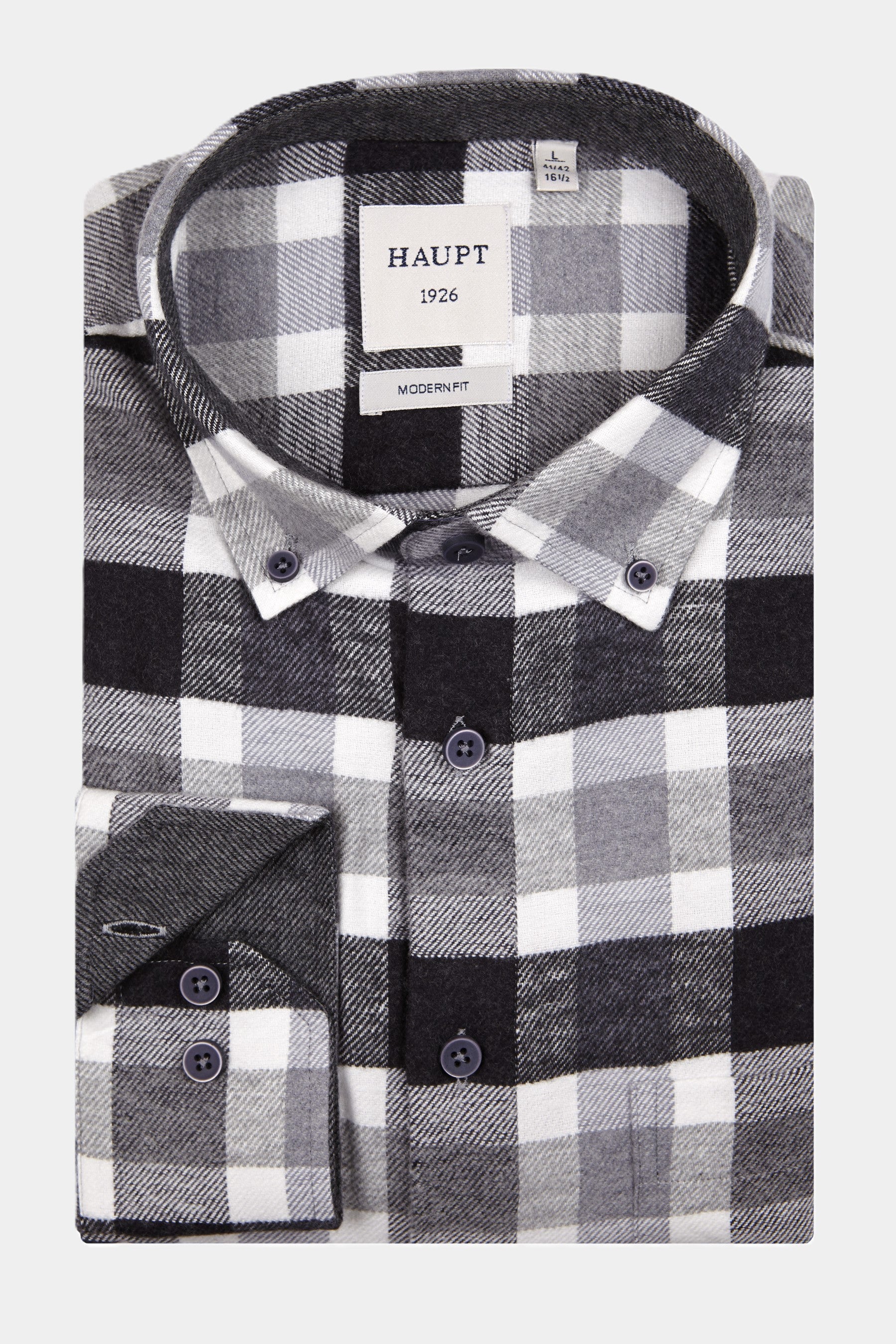 Haupt Flanell Modern Fit Langarm Herrenhemd Kariert in Grey