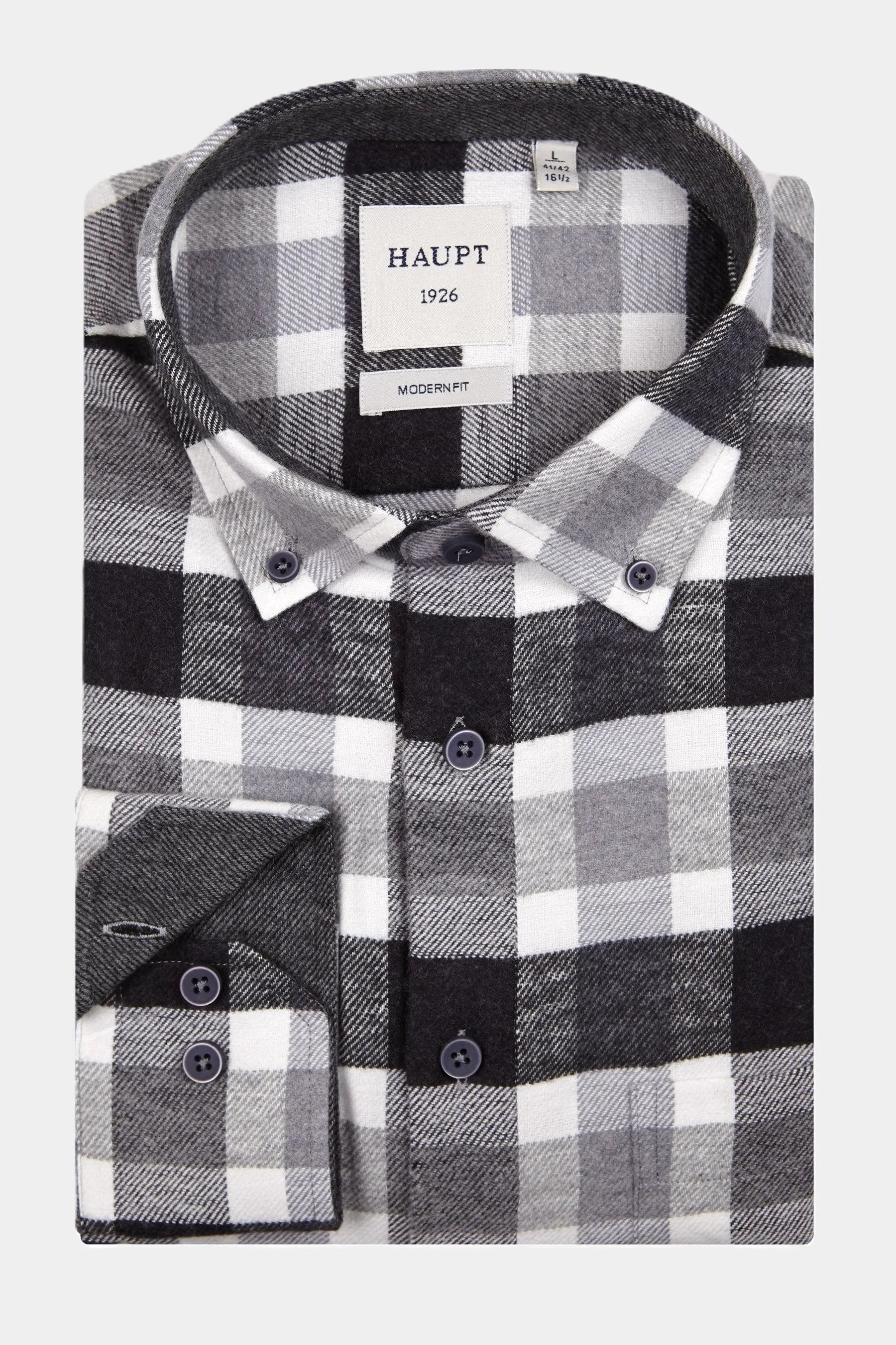 Haupt Flanell Modern Fit Langarm Herrenhemd Kariert in Grey Haupt