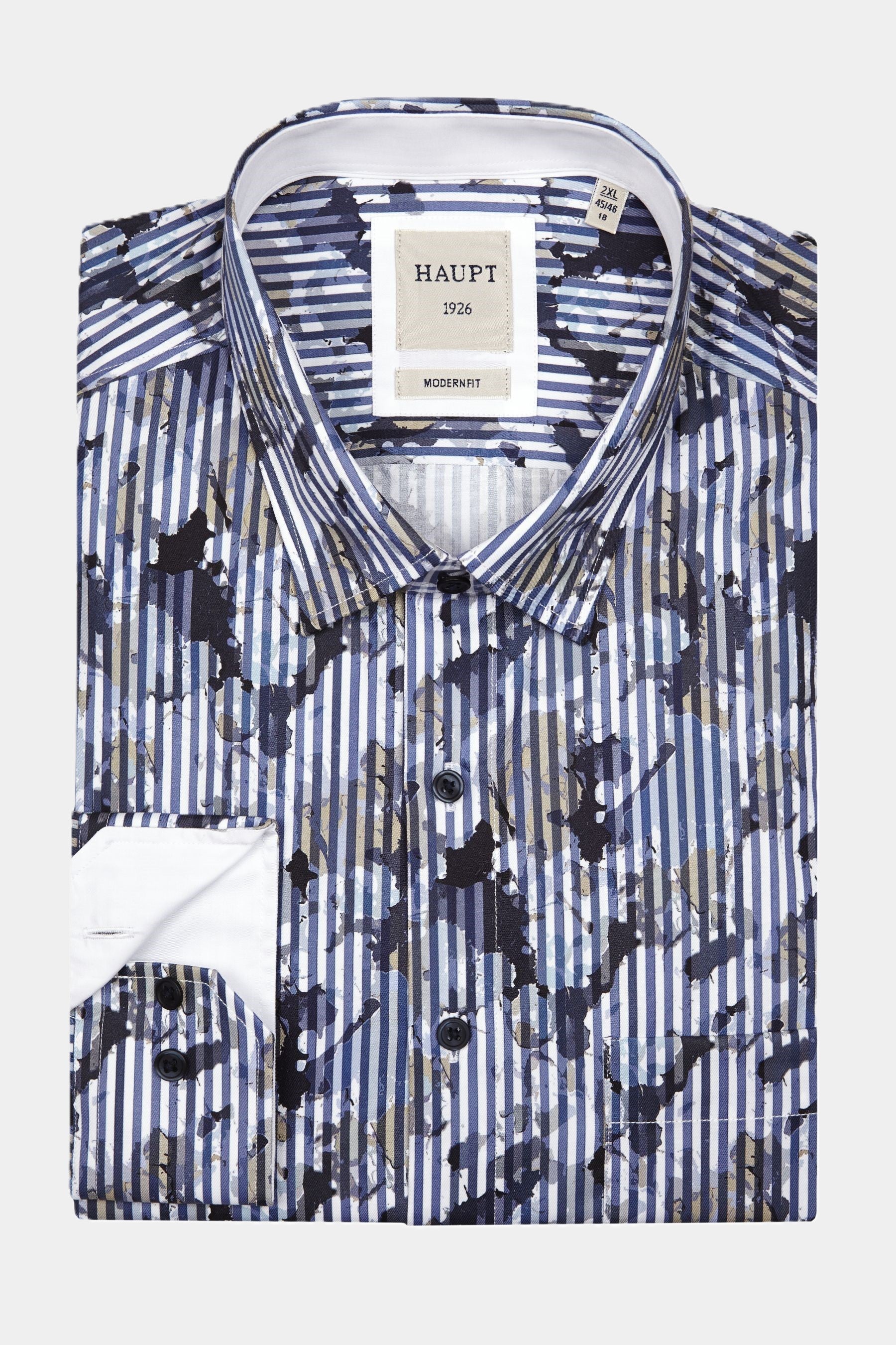 Haupt Popelin Modern Fit Langarm Herrenhemd mit Multicolor Blue Allover Abstraktem Muster