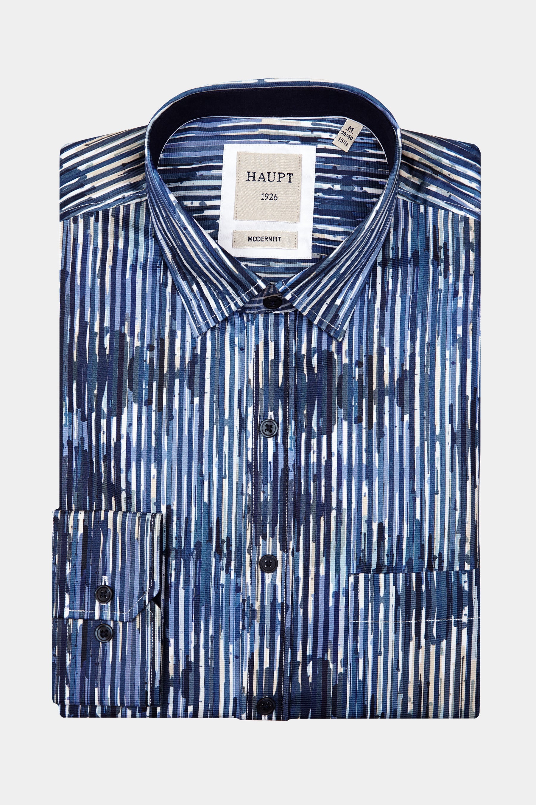 Haupt Popelin Modern Fit Langarm Herrenhemd mit gestreiftem Motiv in True Blue Haupt