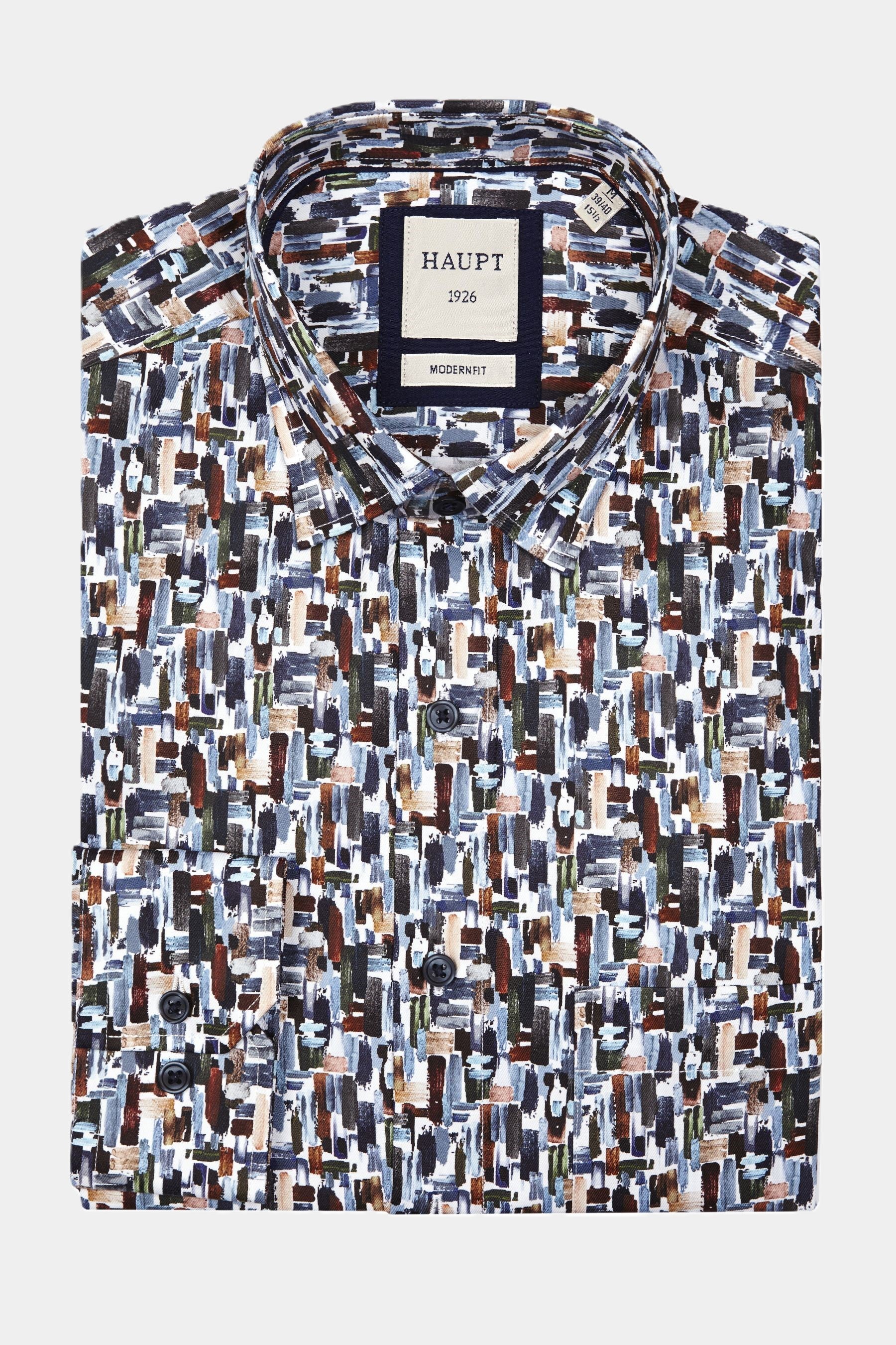 Haupt Popelin Modern Fit Langarm Herrenhemd mit abstraktem Multicolor Pinsel Muster