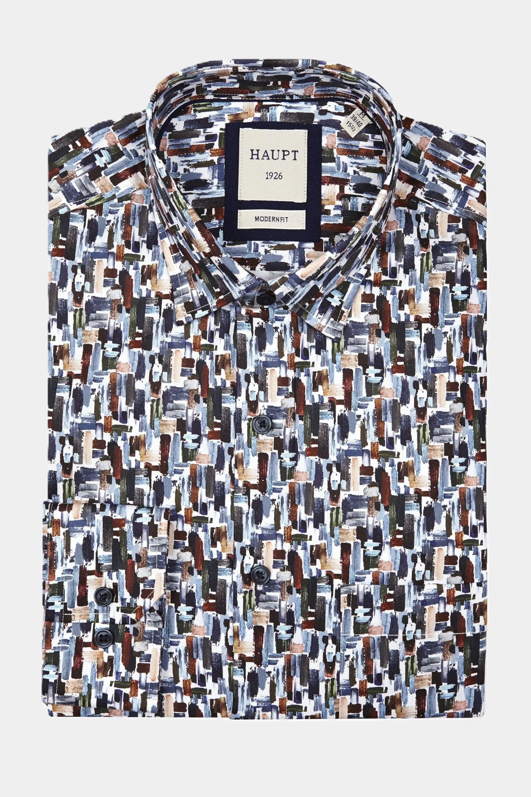 Haupt Popelin Modern Fit Langarm Herrenhemd mit abstraktem Multicolor Pinsel Muster Haupt
