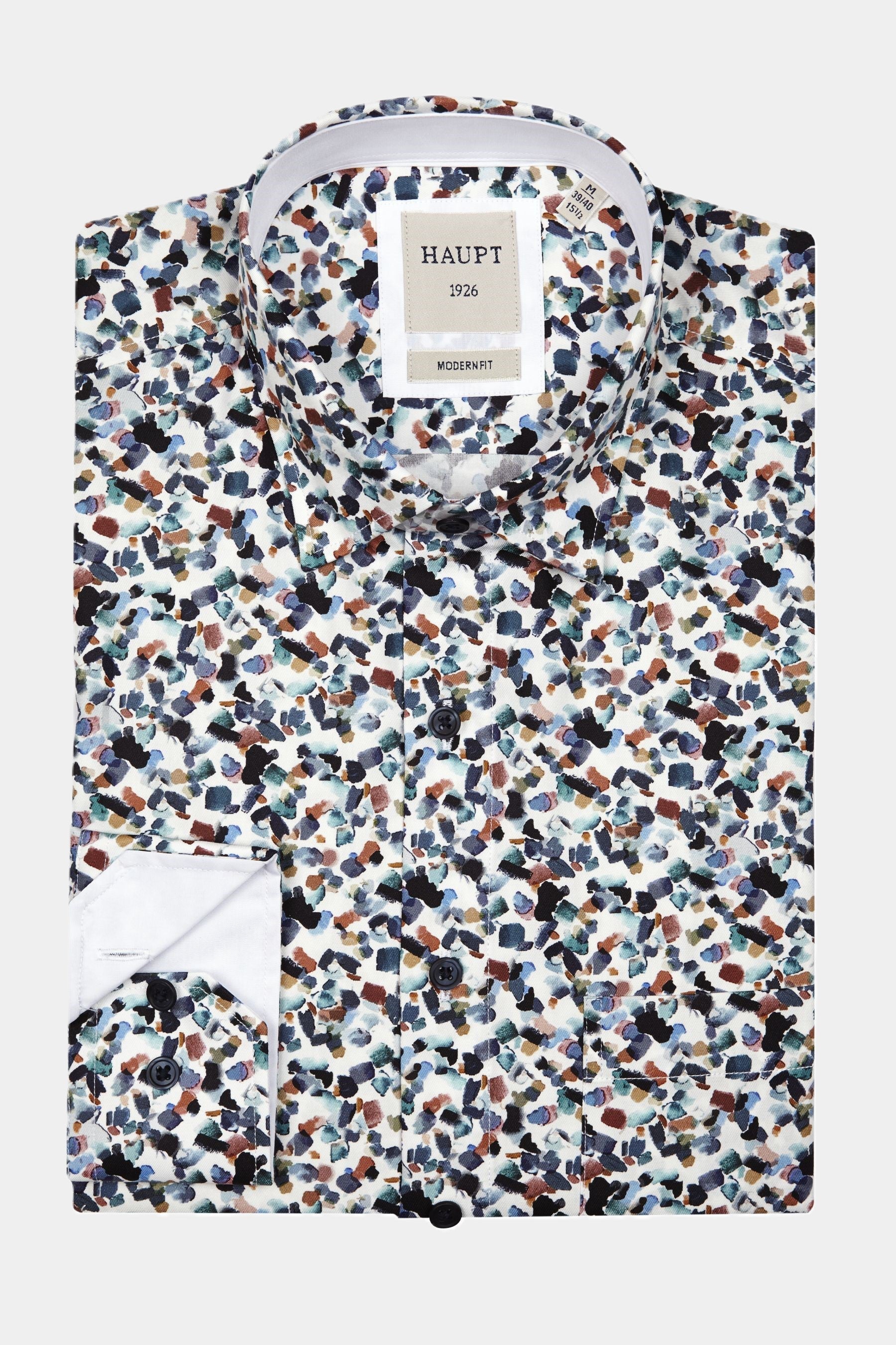 Haupt Popelin Modern Fit Langarm Herrenhemd mit Allover Multicolor Muster Haupt