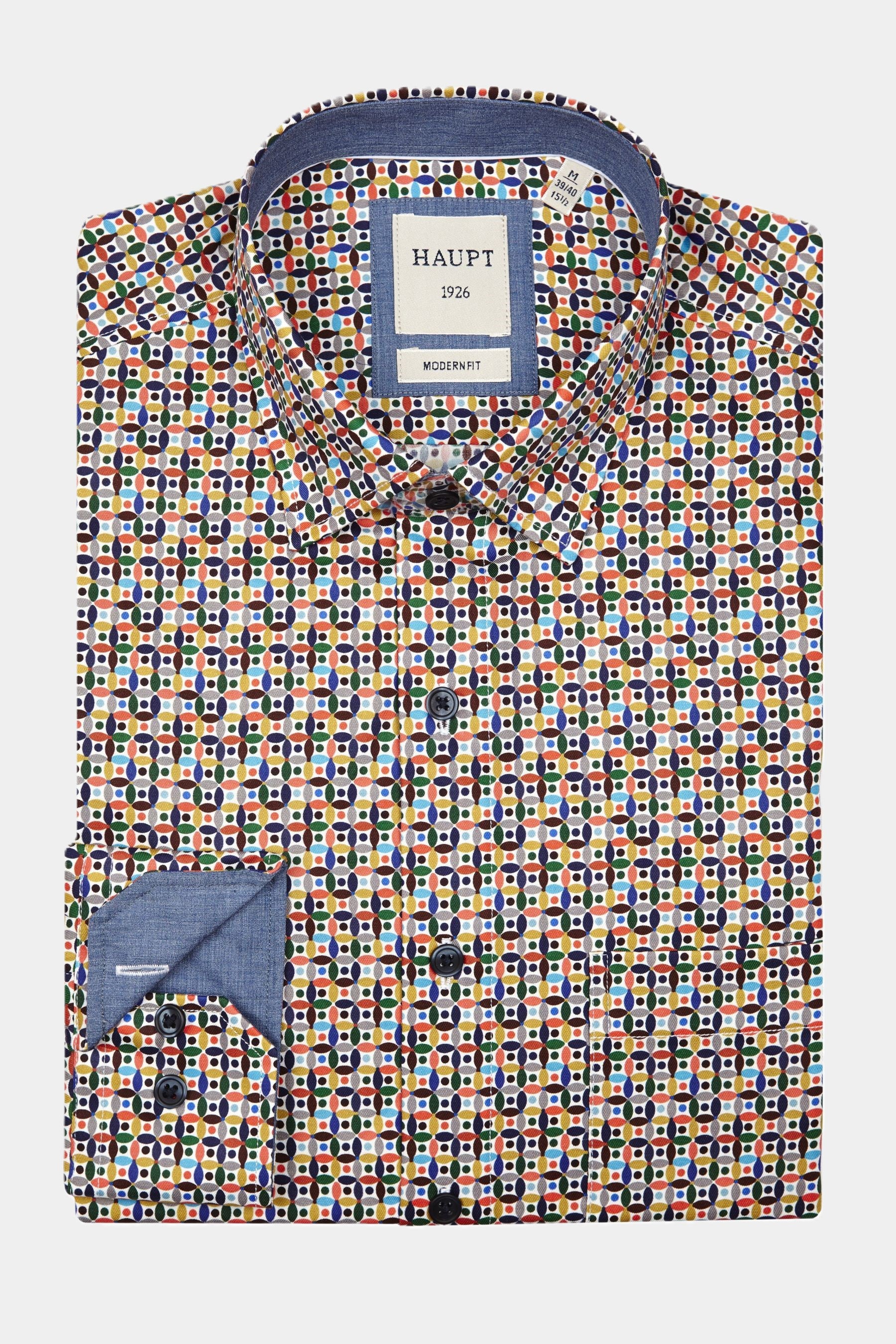 Haupt Popelin Modern Fit Herenoverhemd met lange mouwen en retro multicolor allover link patroon