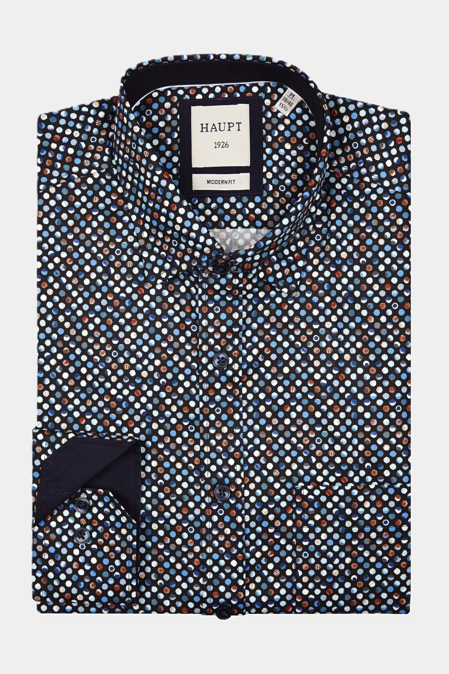 Haupt Jersey Modern Fit Langarm Herrenhemd mit Multicolour Blue Punktmuster Allover Print