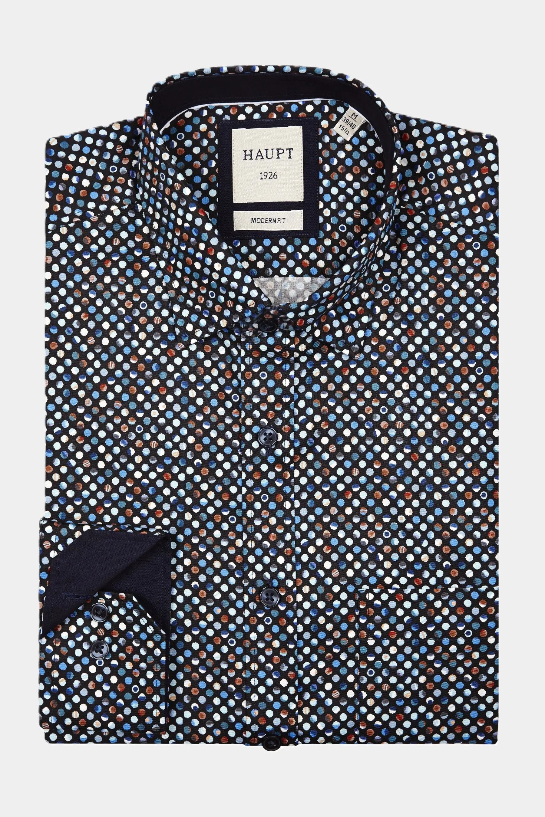 Haupt Jersey Modern Fit Langarm Herrenhemd mit Multicolour Blue Punktmuster Allover Print Haupt