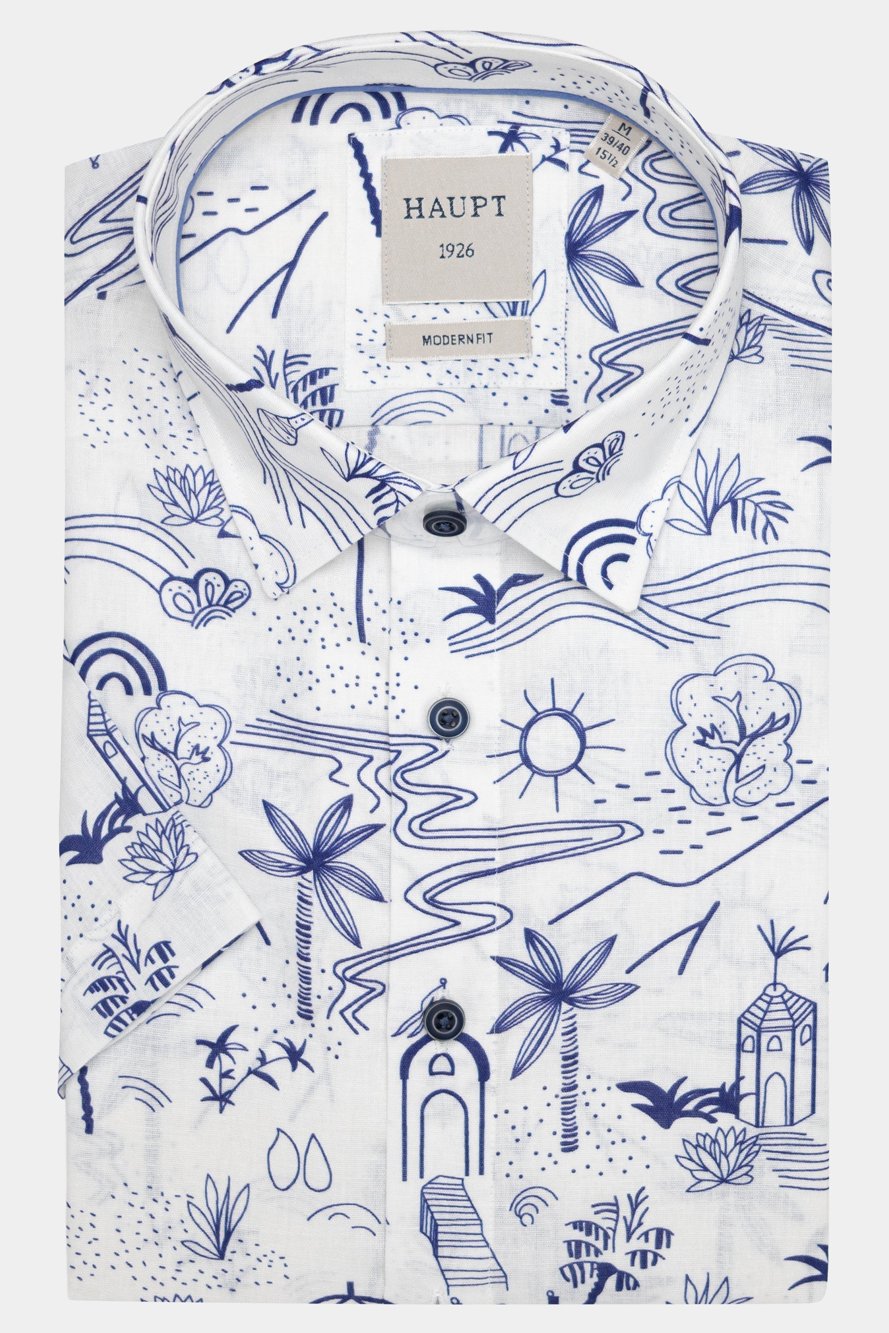 Haupt Kurzarmhemd im Modern Fit mit sommerlichen Strand Print - WHITE Haupt