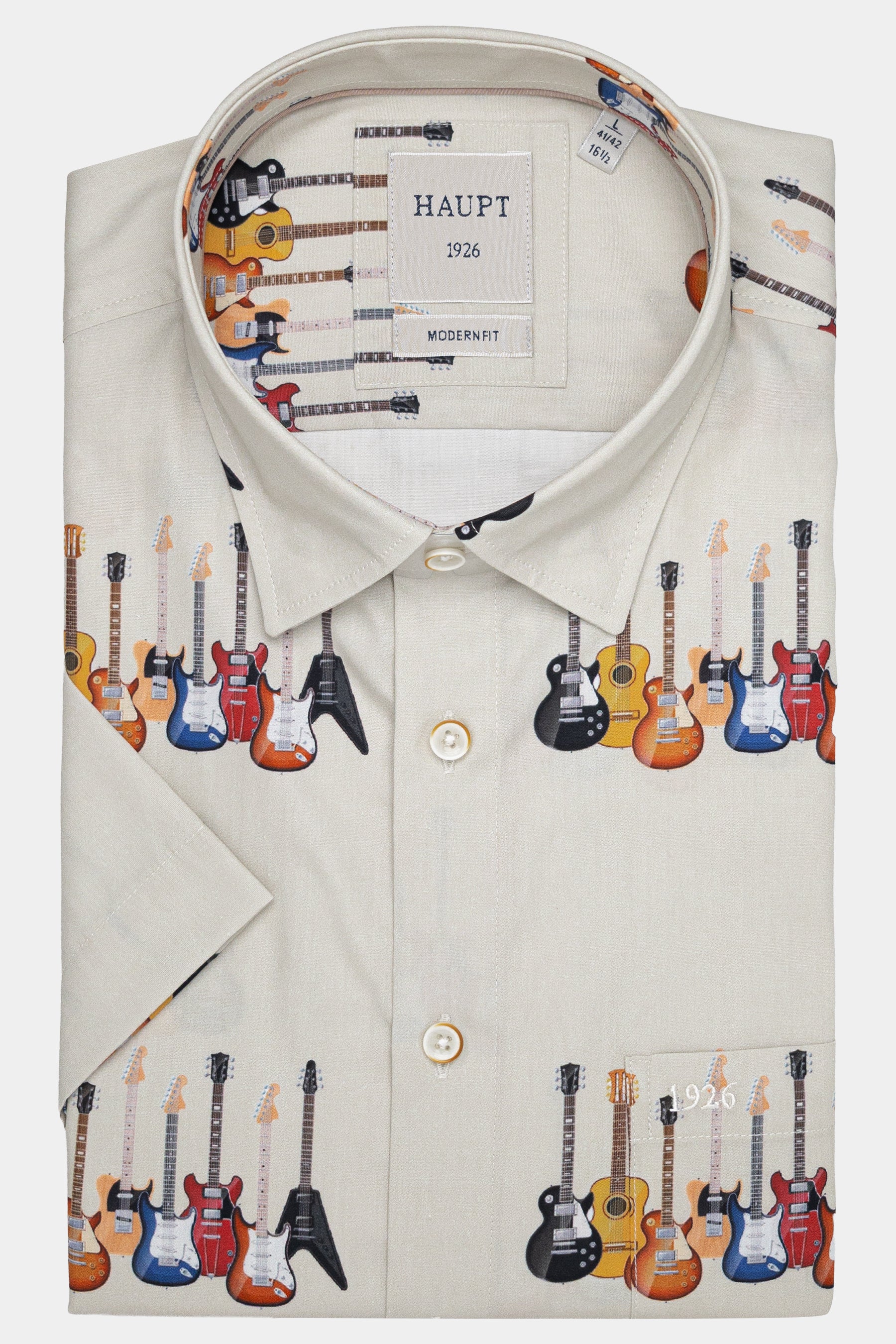 Kurzarmhemd mit Gitarren Muster SAND