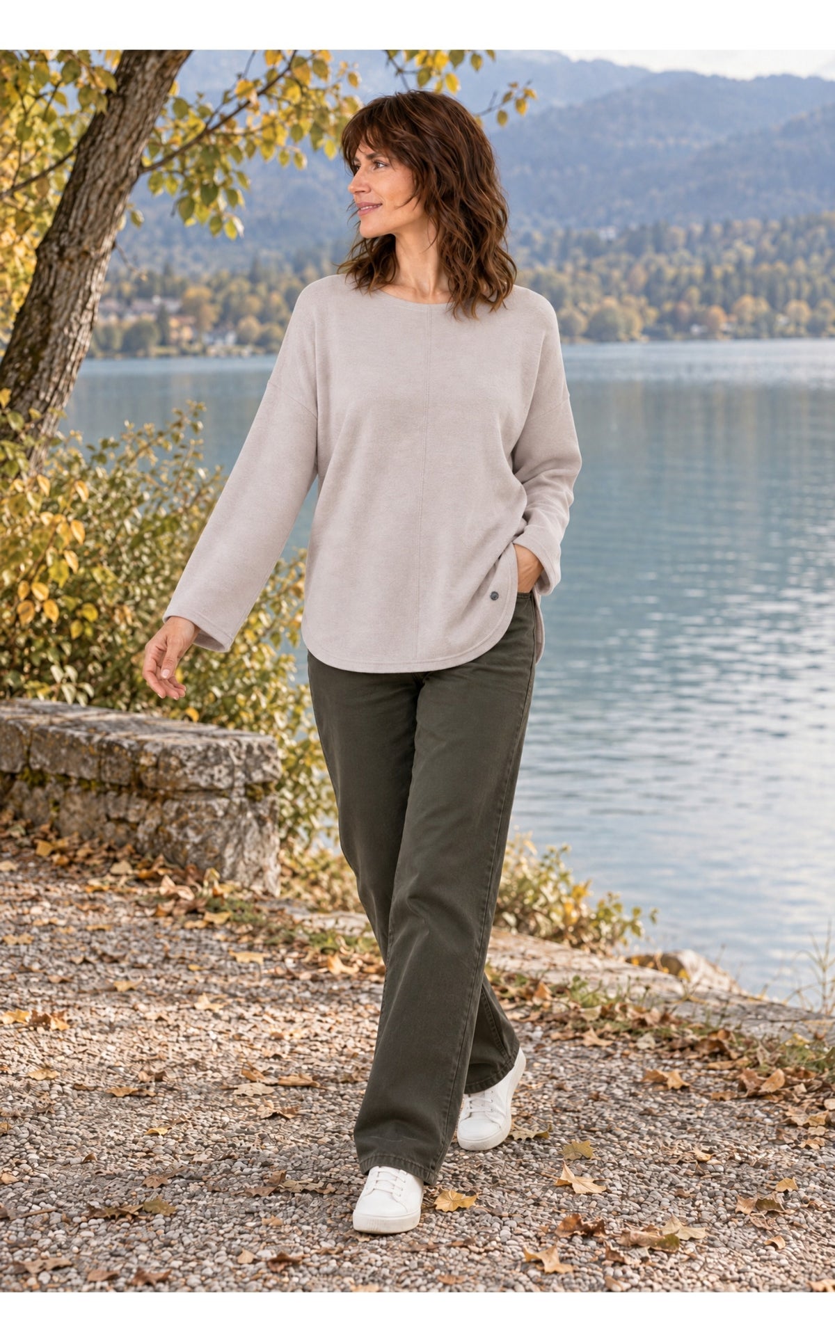 Damen Pullover Beige Feinstrick Rundhals Oversize Kaschmir Wolle Herbst Winter