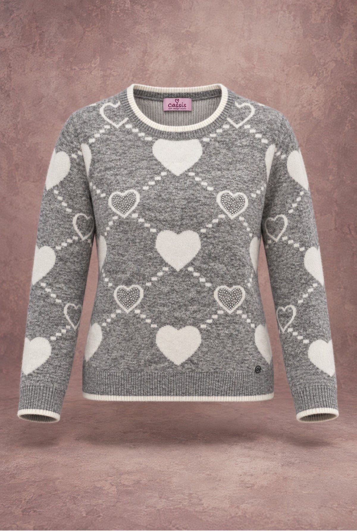Damen Pullover Grau Weiß Herzmuster Rundhals Strass Herbst Winter Strick