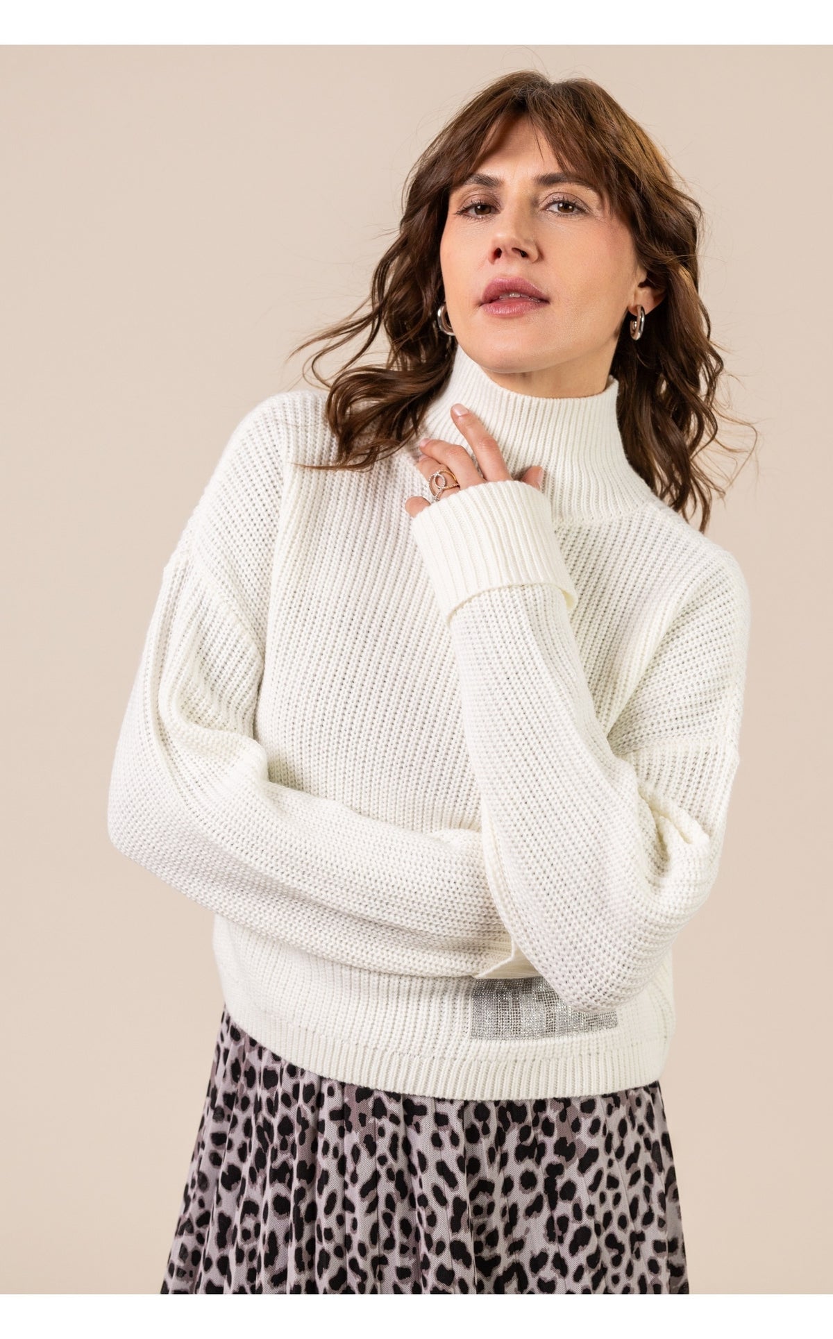 Damen Grobstrick Rollkragenpullover mit Merinowolle & Glanzdetail