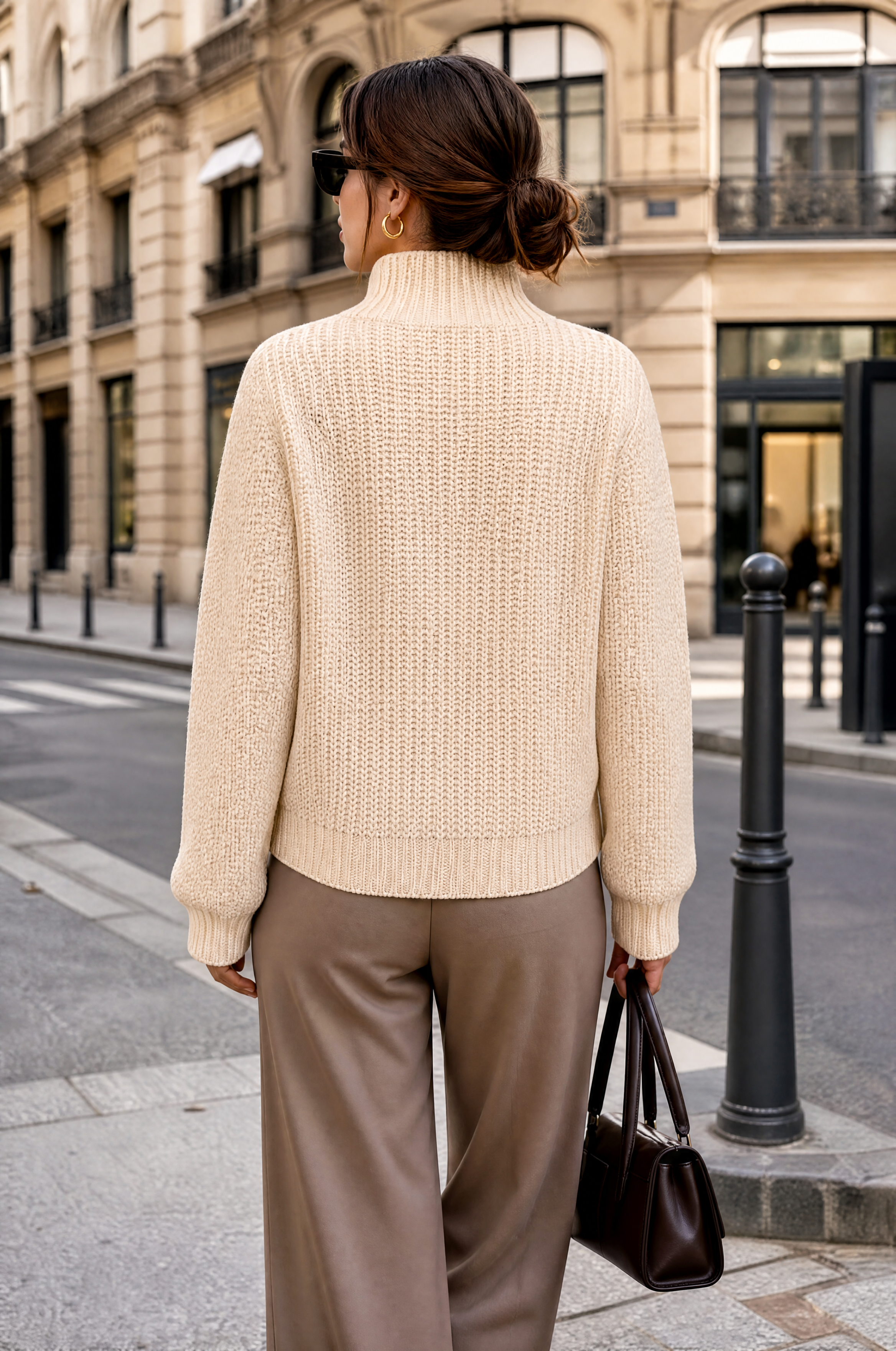 Women's Cotton Knit Sweater in Putty, Ideal for Spring with Stand-Up Collar