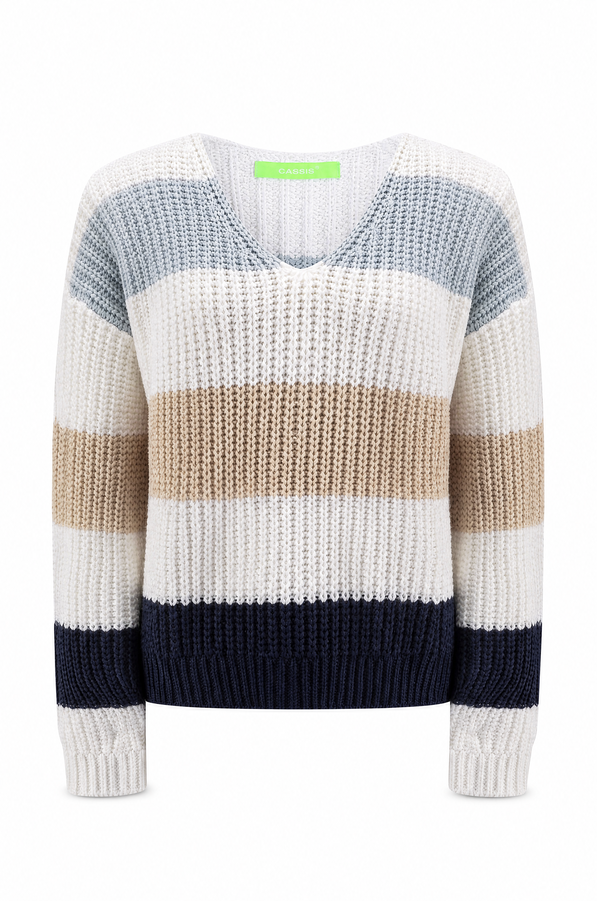 Grobstrick Baumwoll-Pullover mit V-Ausschnitt und Blockstreifen Frühling
