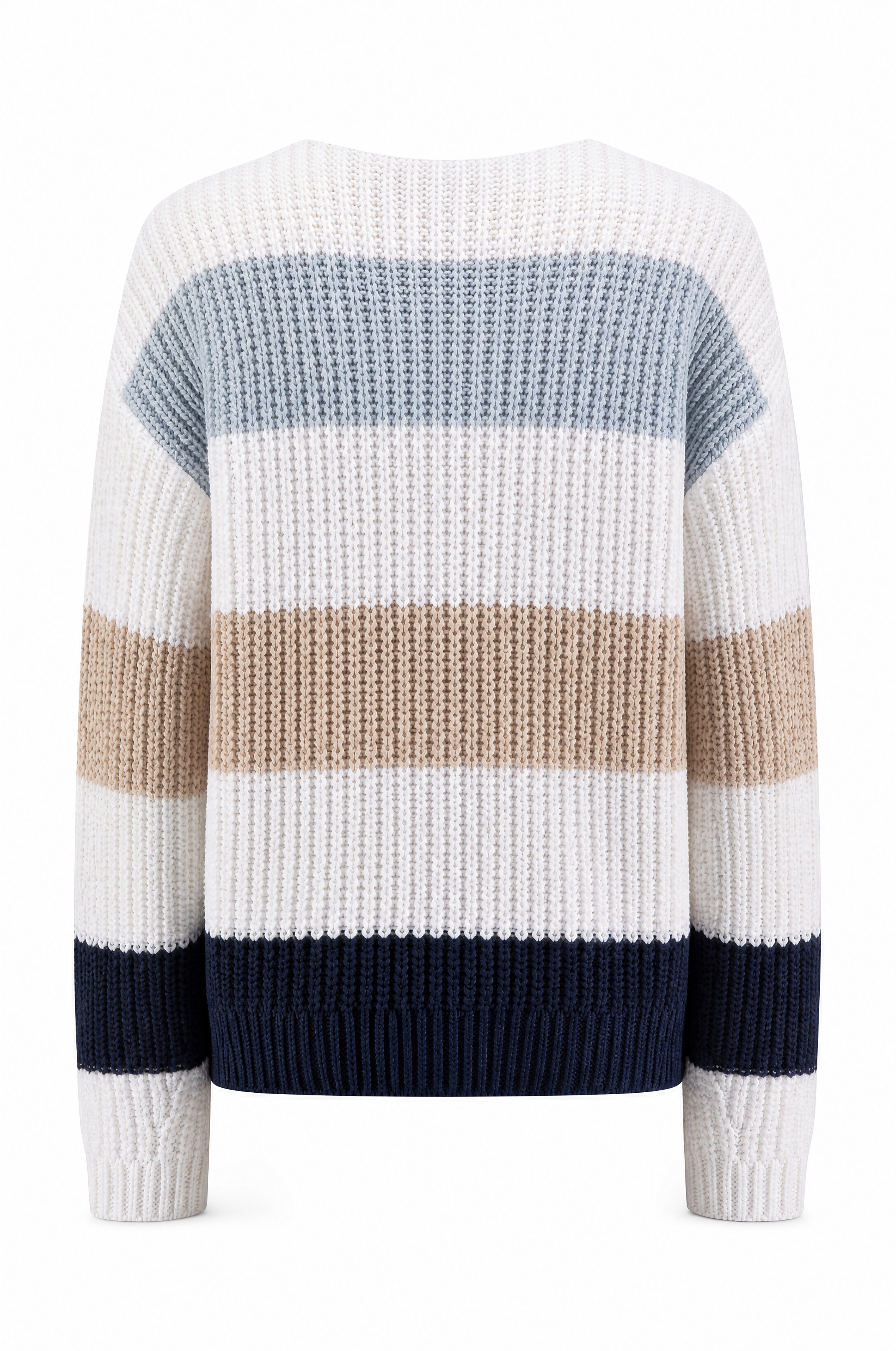 Grobstrick Baumwoll-Pullover mit V-Ausschnitt und Blockstreifen Frühling