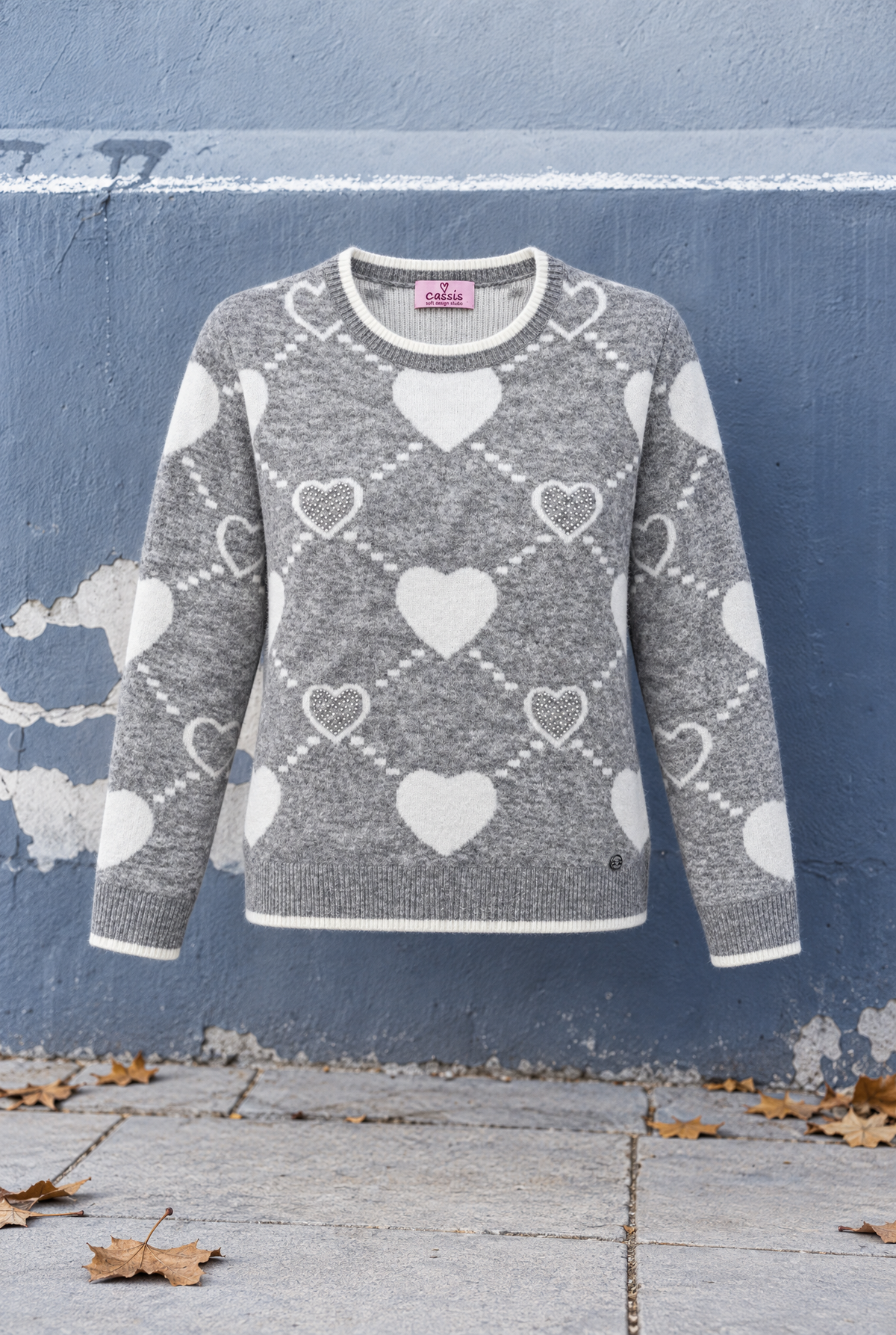 Pull femme gris et blanc à motif cœur, col rond, strass, tricot pour l’automne-hiver