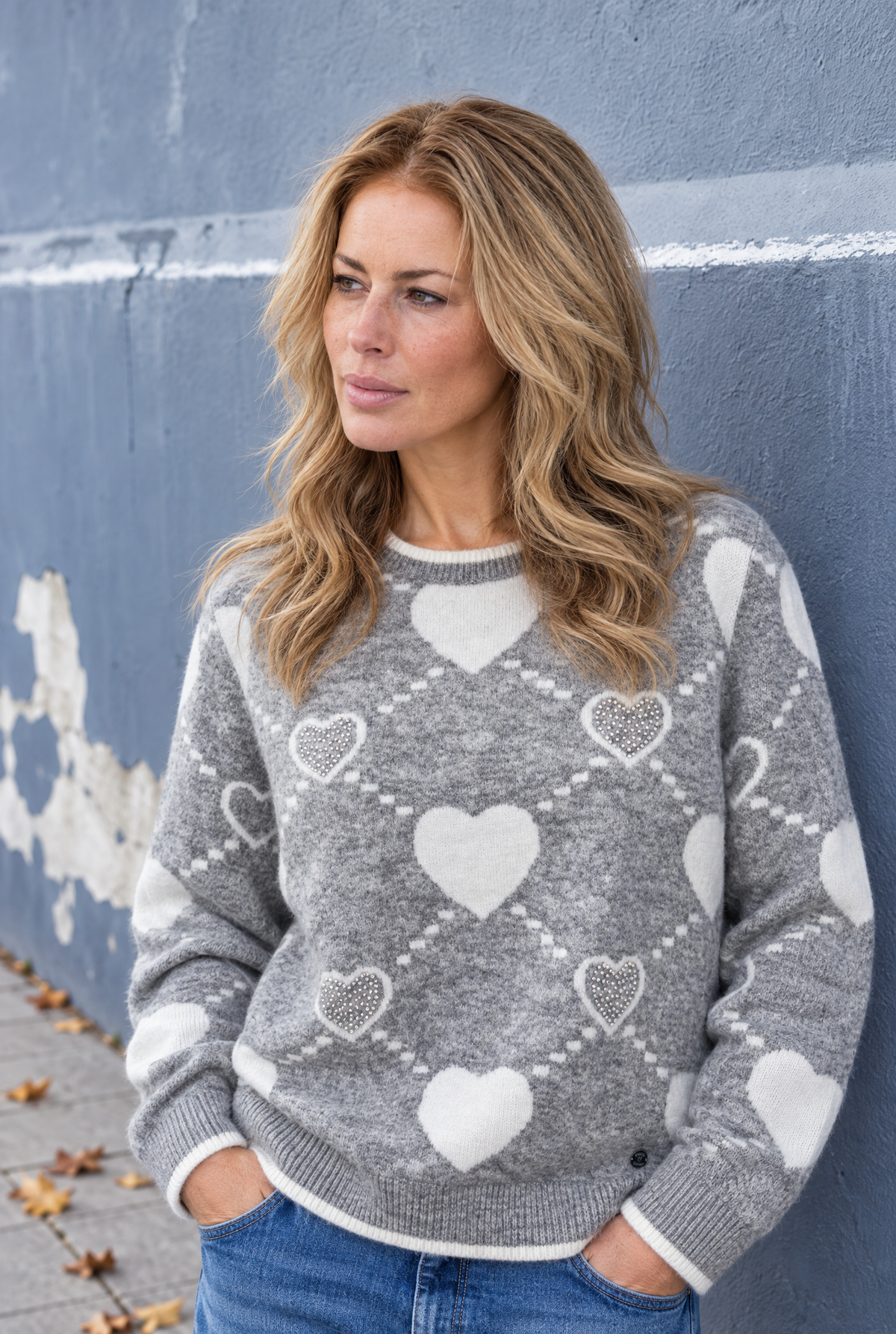 Damen Pullover Grau Weiß Herzmuster Rundhals Strass Herbst Winter Strick