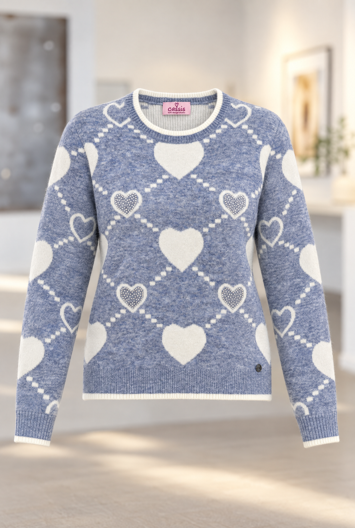 Pull femme bleu Off-White à motif cœur, col rond et strass, tricot automne-hiver