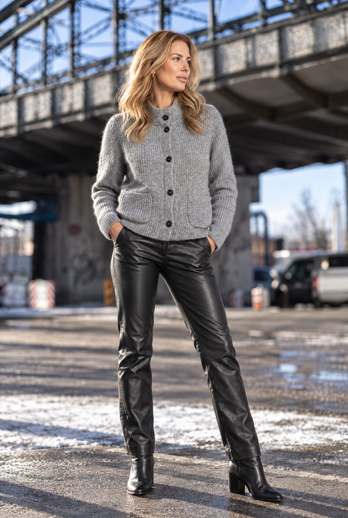 Women's Gray Cardigan with Stand-Up Collar, Button Front and Pockets, Fall/Winter Fashion
