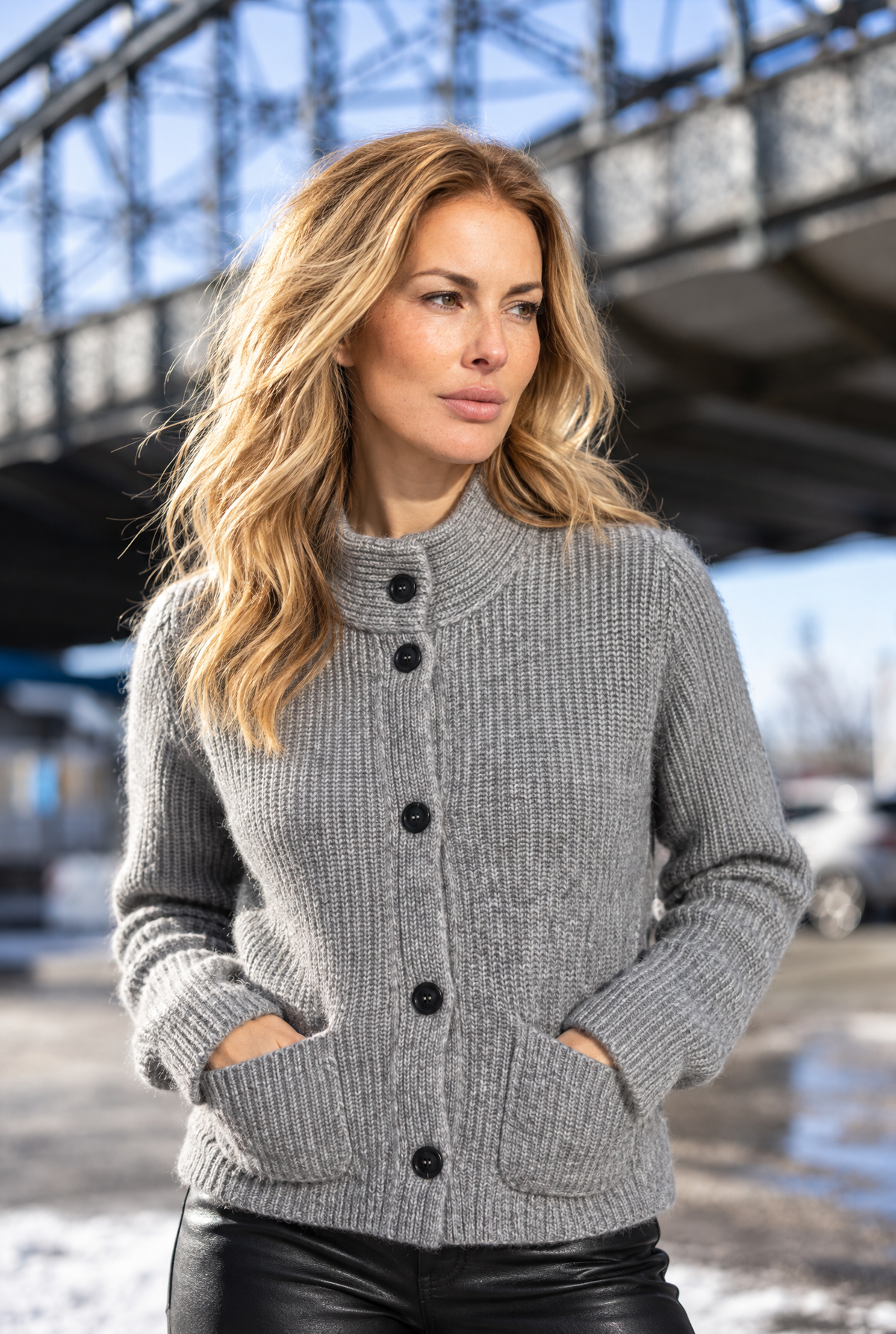 Women's Gray Cardigan with Stand-Up Collar, Button Front and Pockets, Fall/Winter Fashion