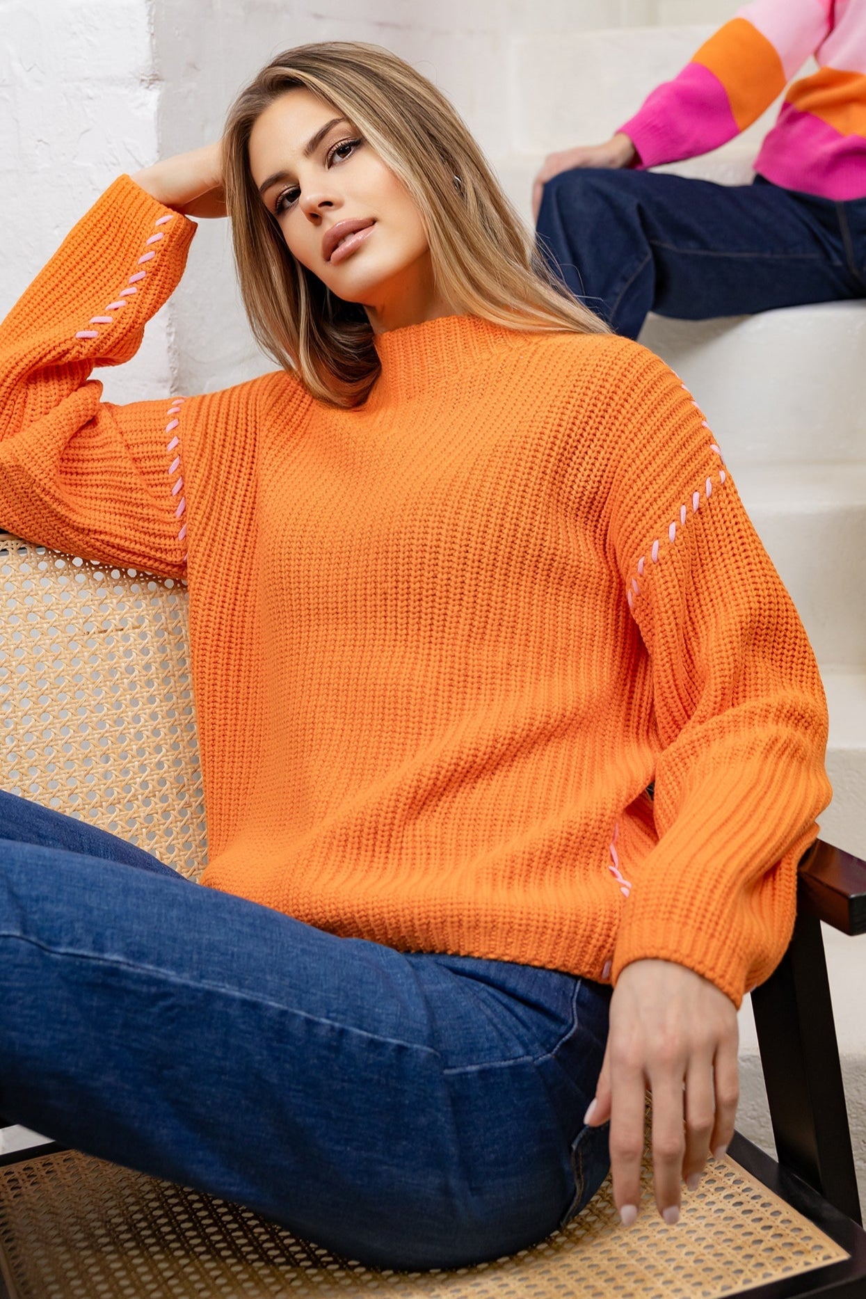 Six-o-Seven Grobstrickpullover mit Stehkragen - ORANGE six-o-seven