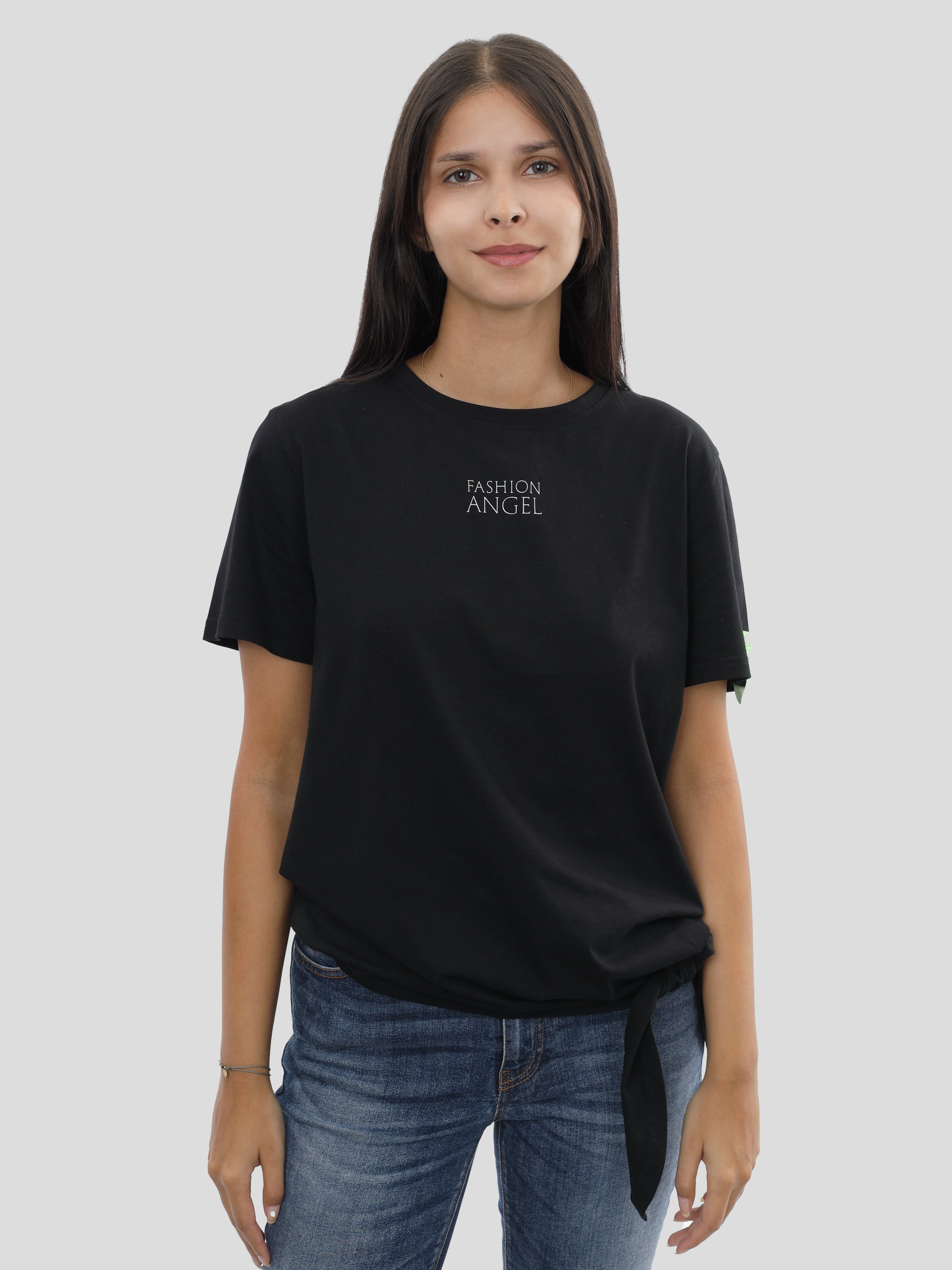 P11 T-shirt with hem bow and print in black