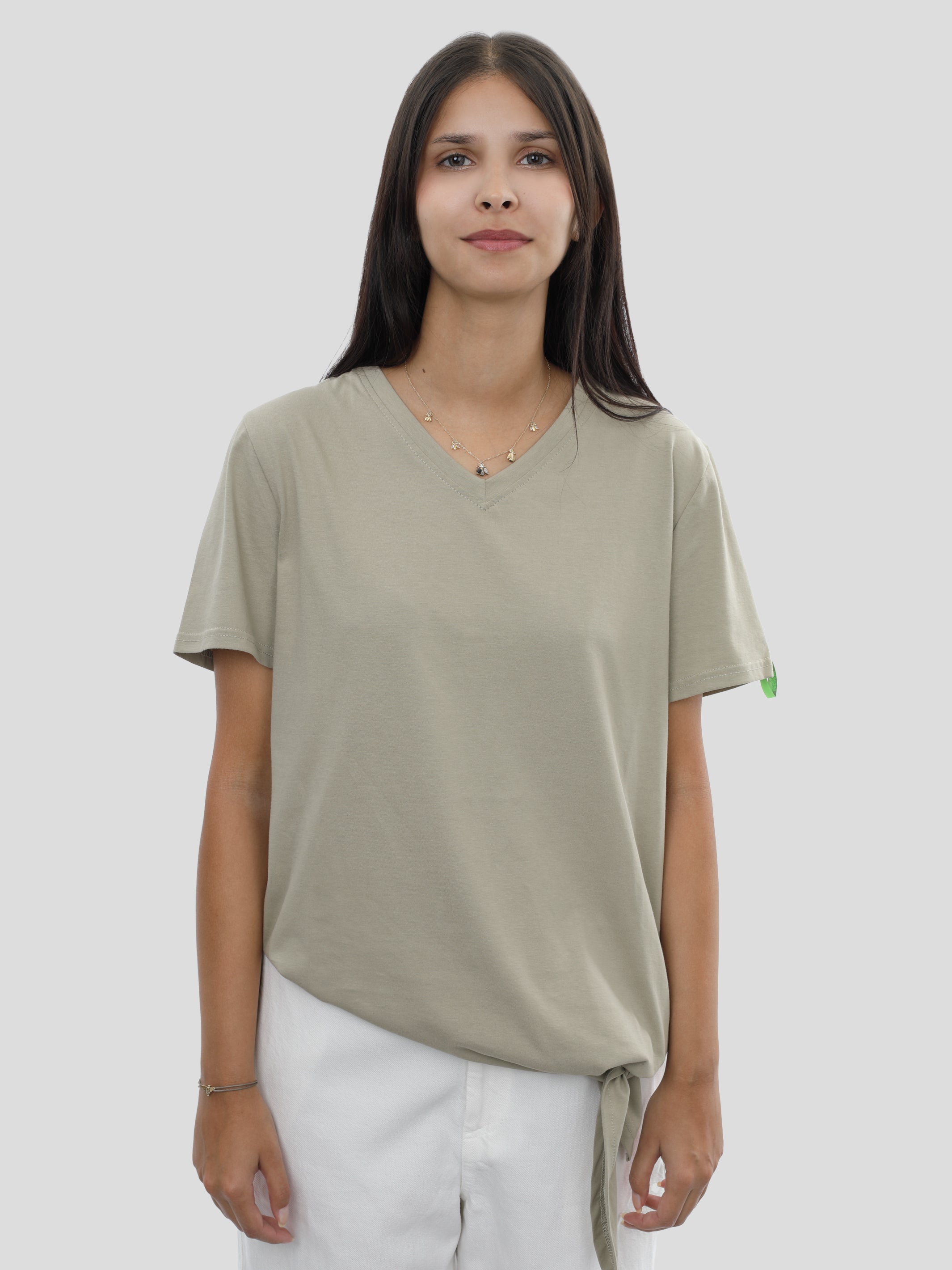 T-shirt with hem loops and V-neck in olive