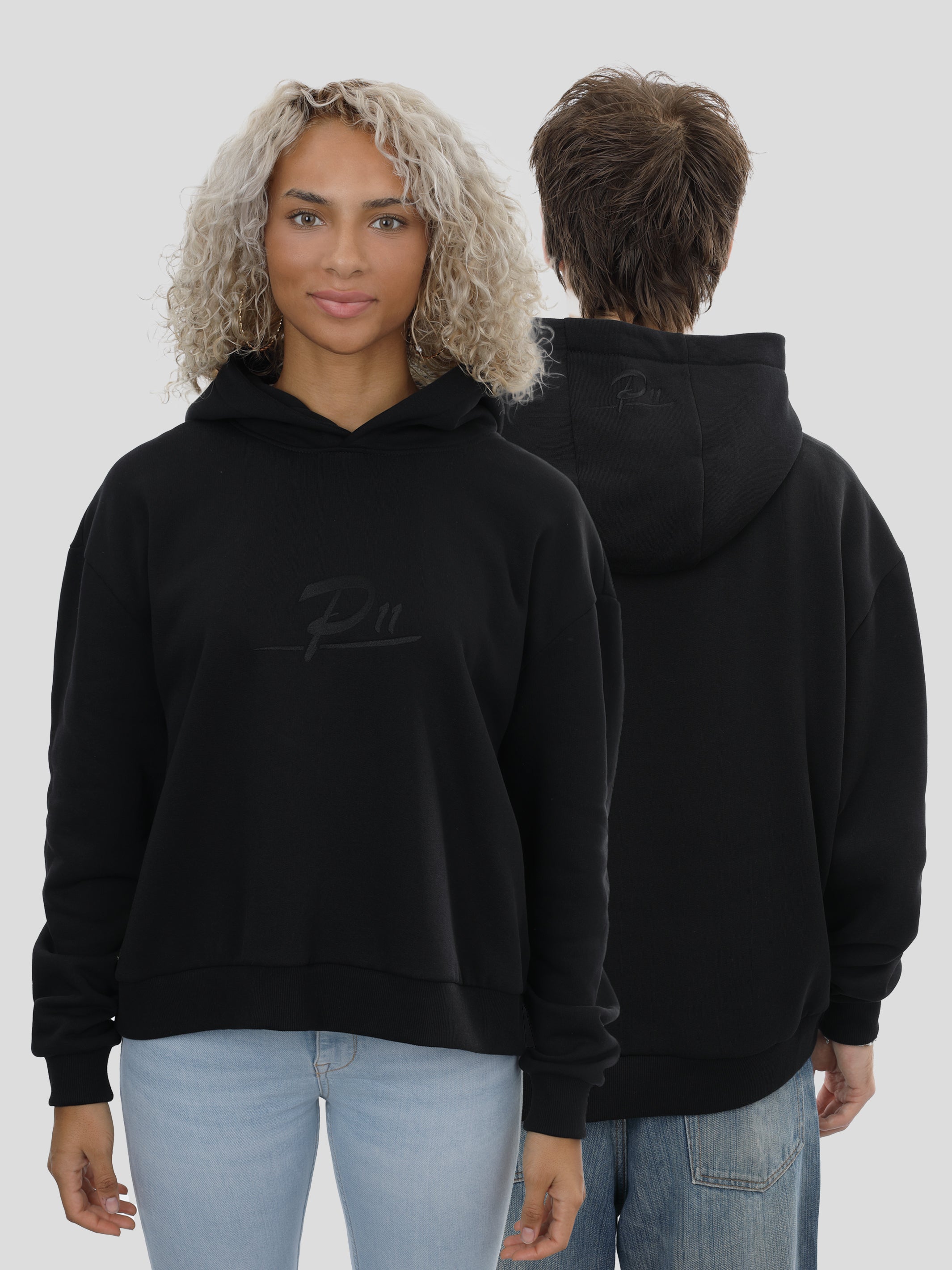 Boxy Hoodie Unisex with Embroidery in Black