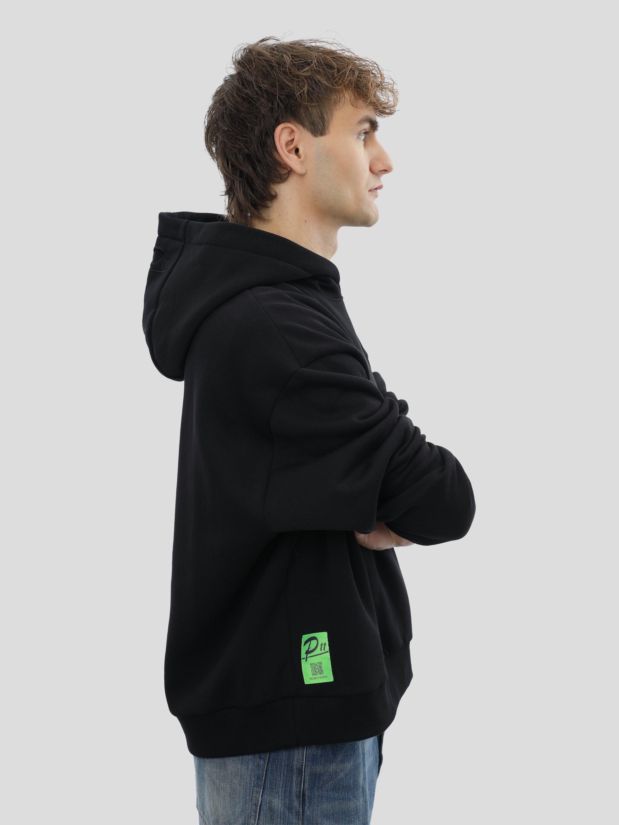 P11 Sweat à capuche boxy unisexe avec broderie - NOIR