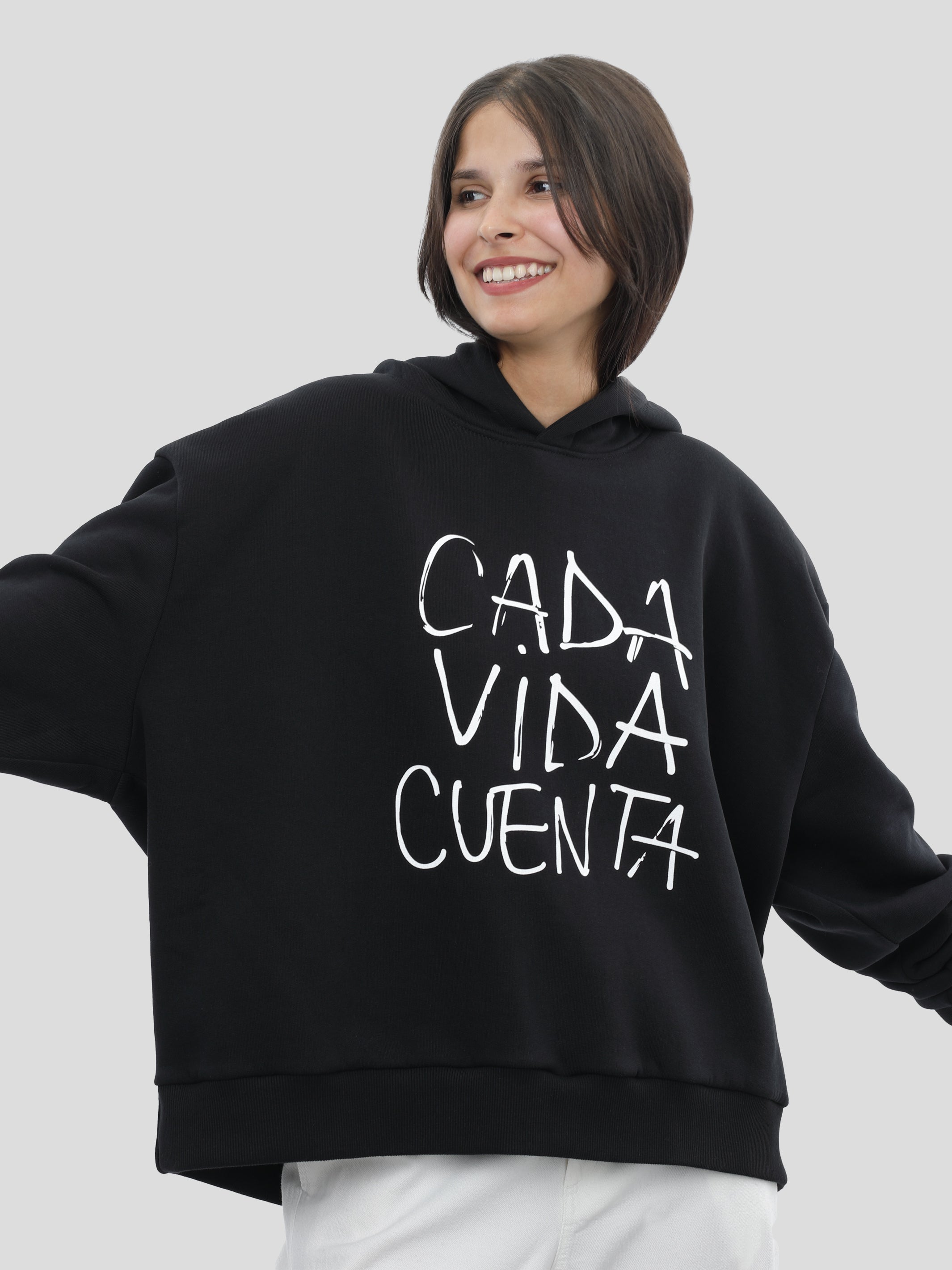 Boxy Hoodie Unisex with Print in Black