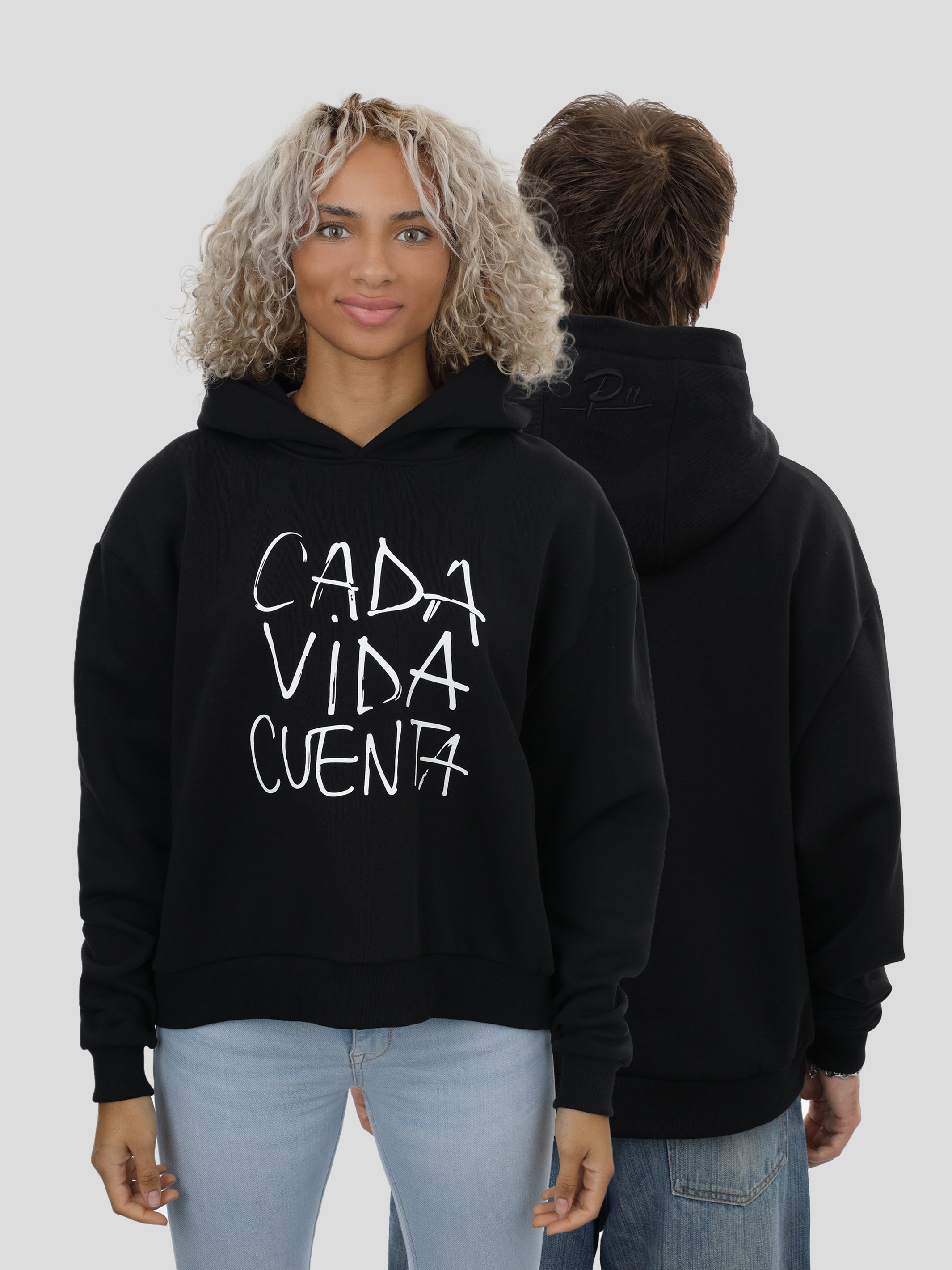 Boxy Hoodie Unisex with Print in Black