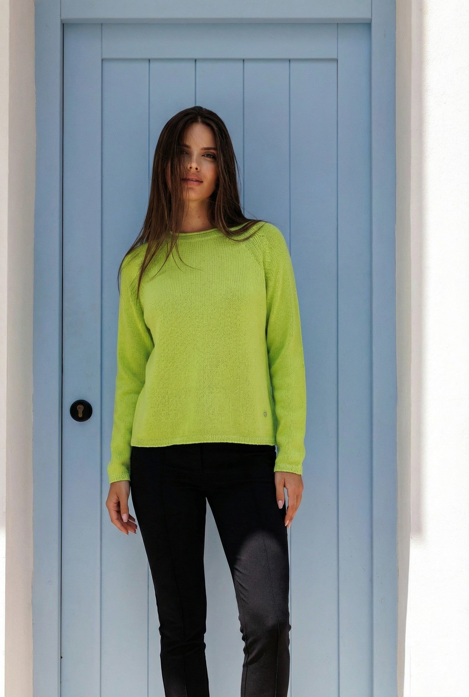 Boxy Raglan Strick-Pullover in Limegreen und Lurex-Akzenten Frühling