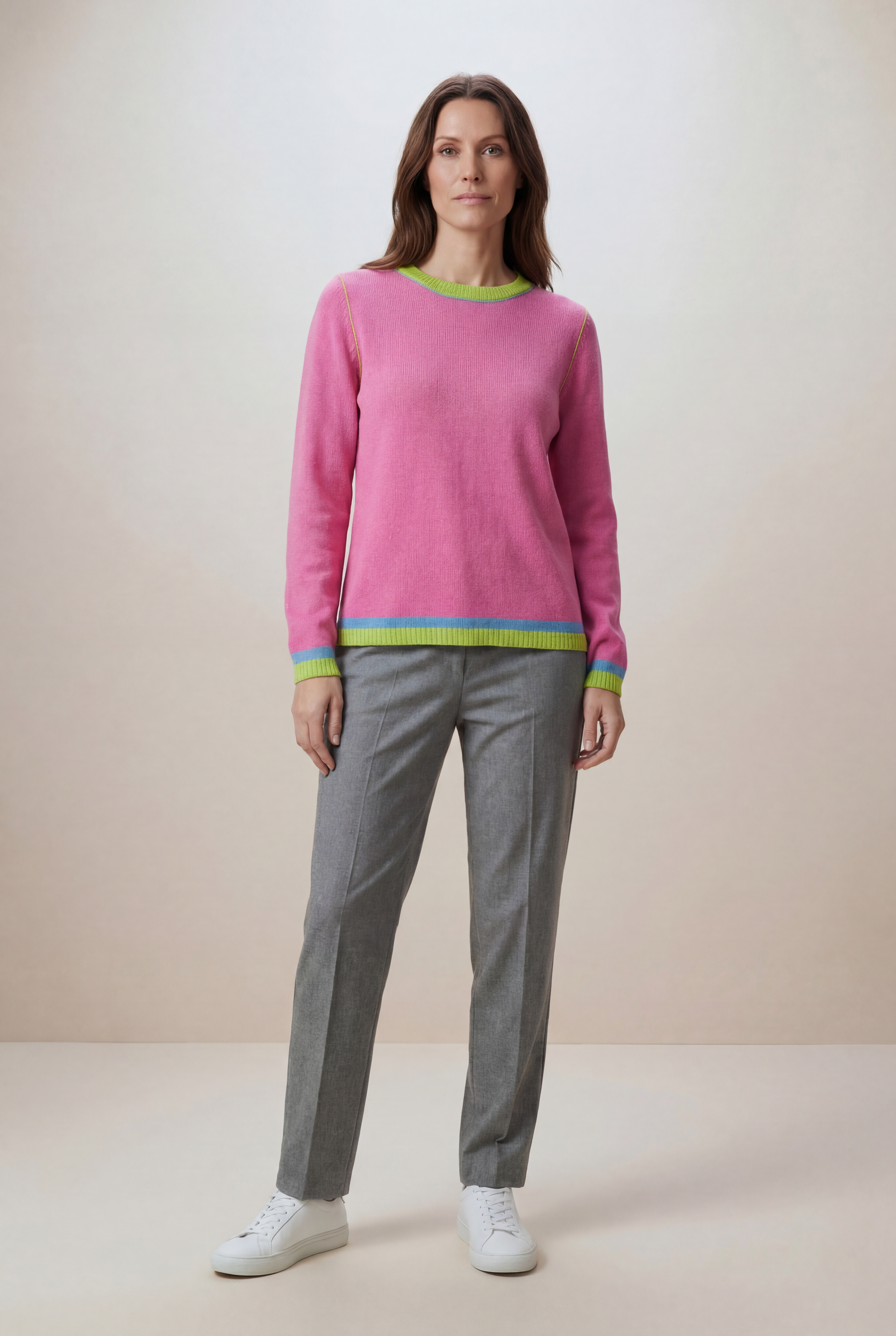 Damen Tailliert Feinstrickpullover mit Kontraststreifen helles Pink six-o-seven