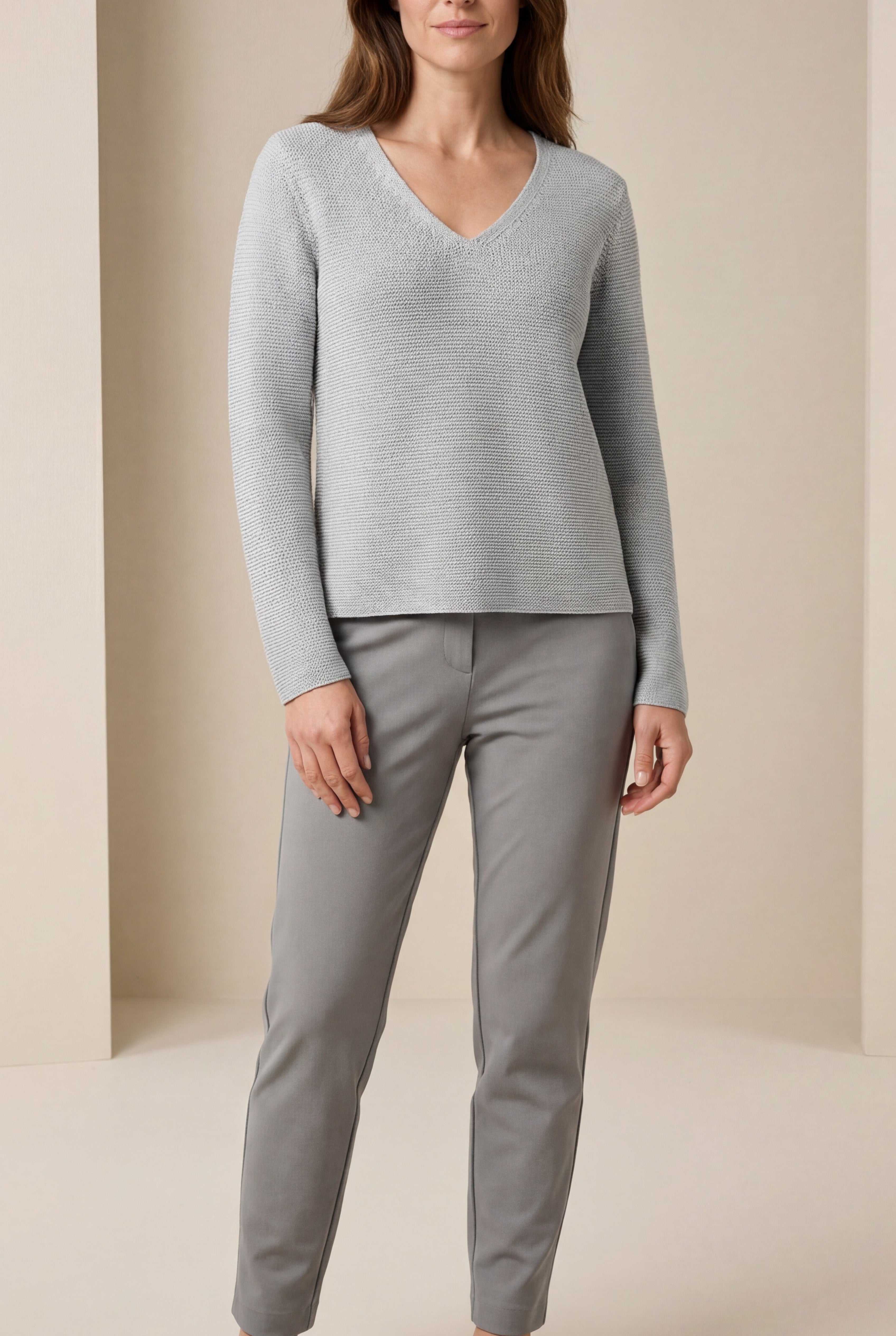 Damen Regular Pullover mit V-Ausschnitt & Lurex Grau six-o-seven