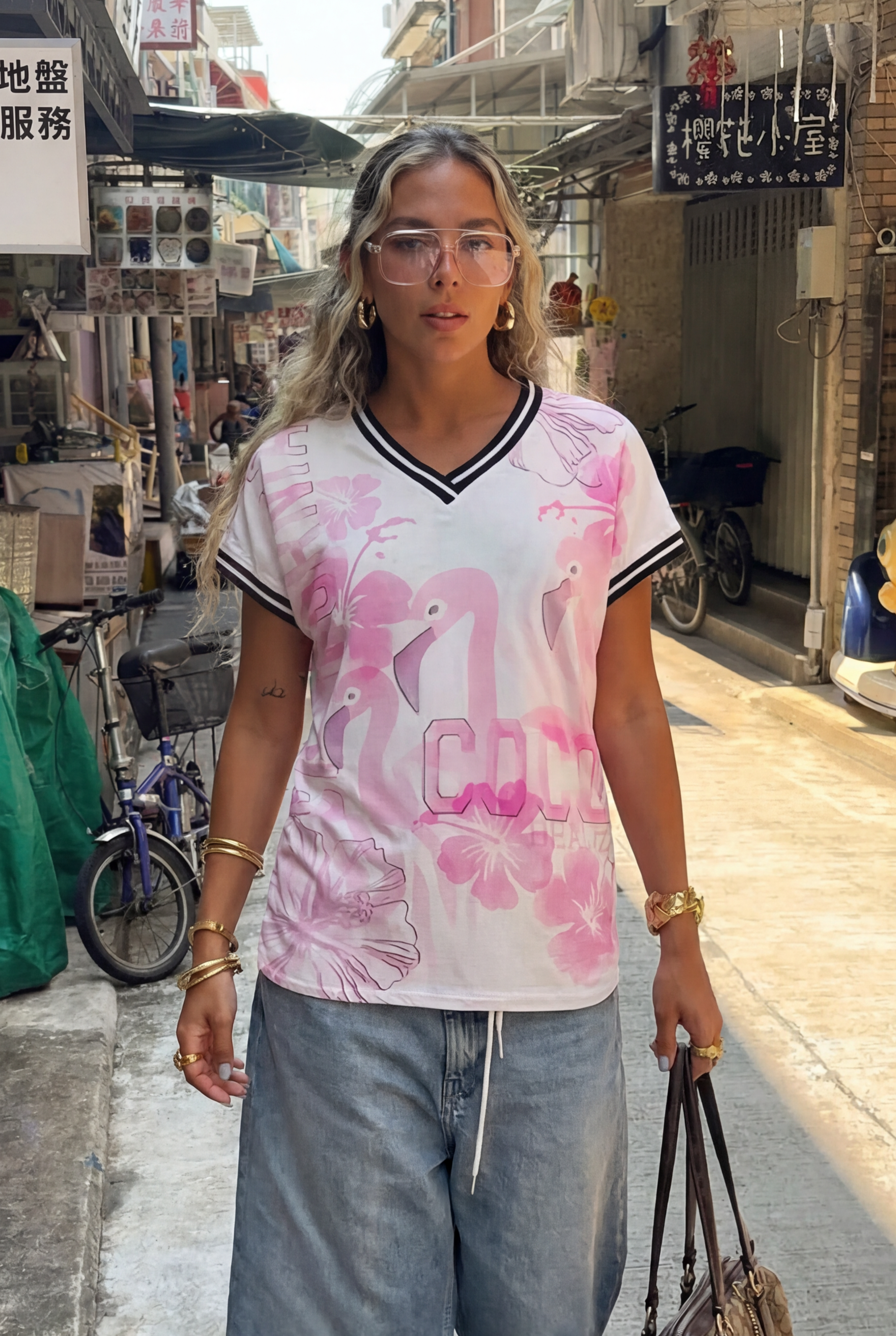T-Shirt z nadrukiem flaminga, oversize, w modnym letnim stylu