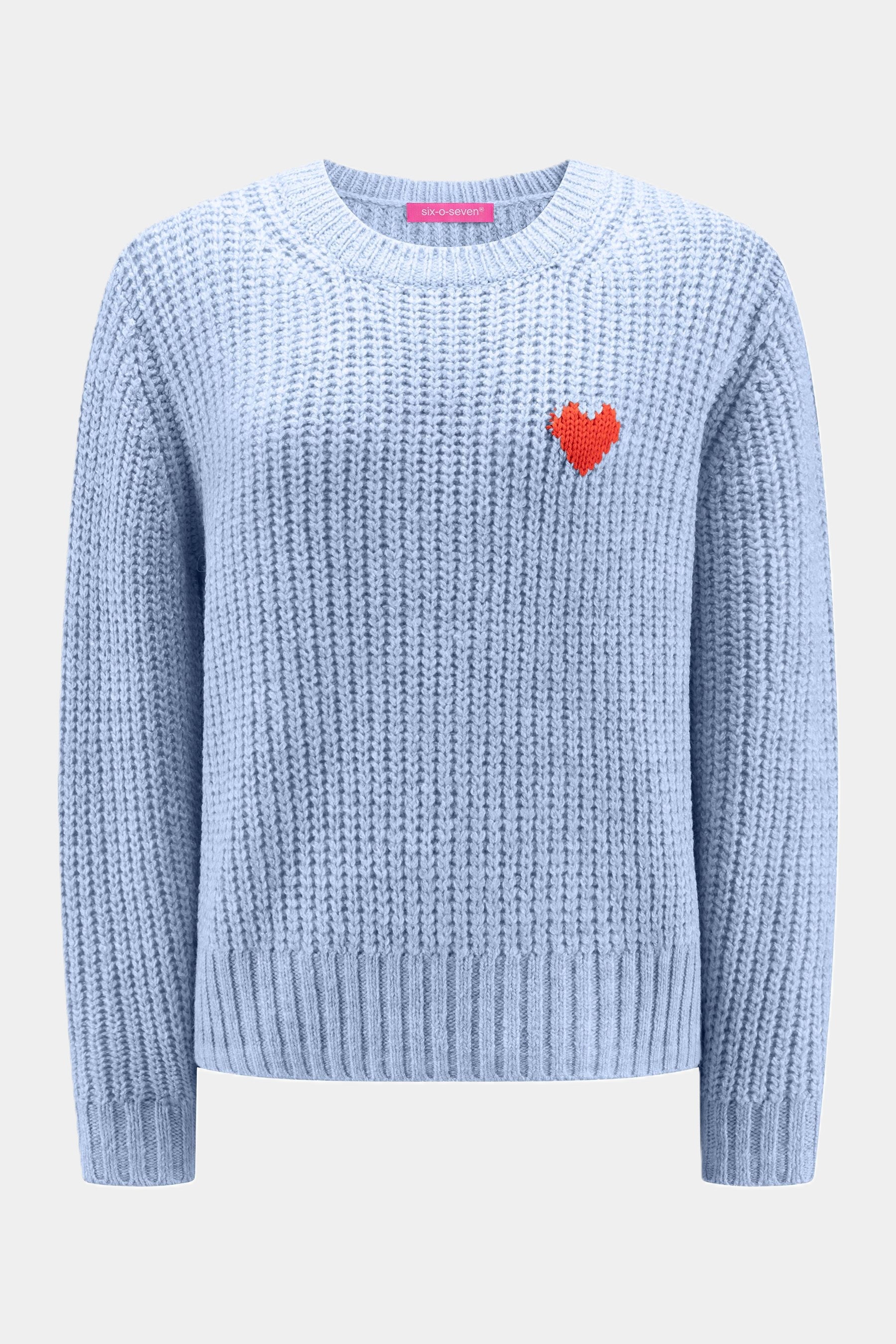 Pull Valentine en grosse maille avec motif cœur, bleu clair, six-o-seven